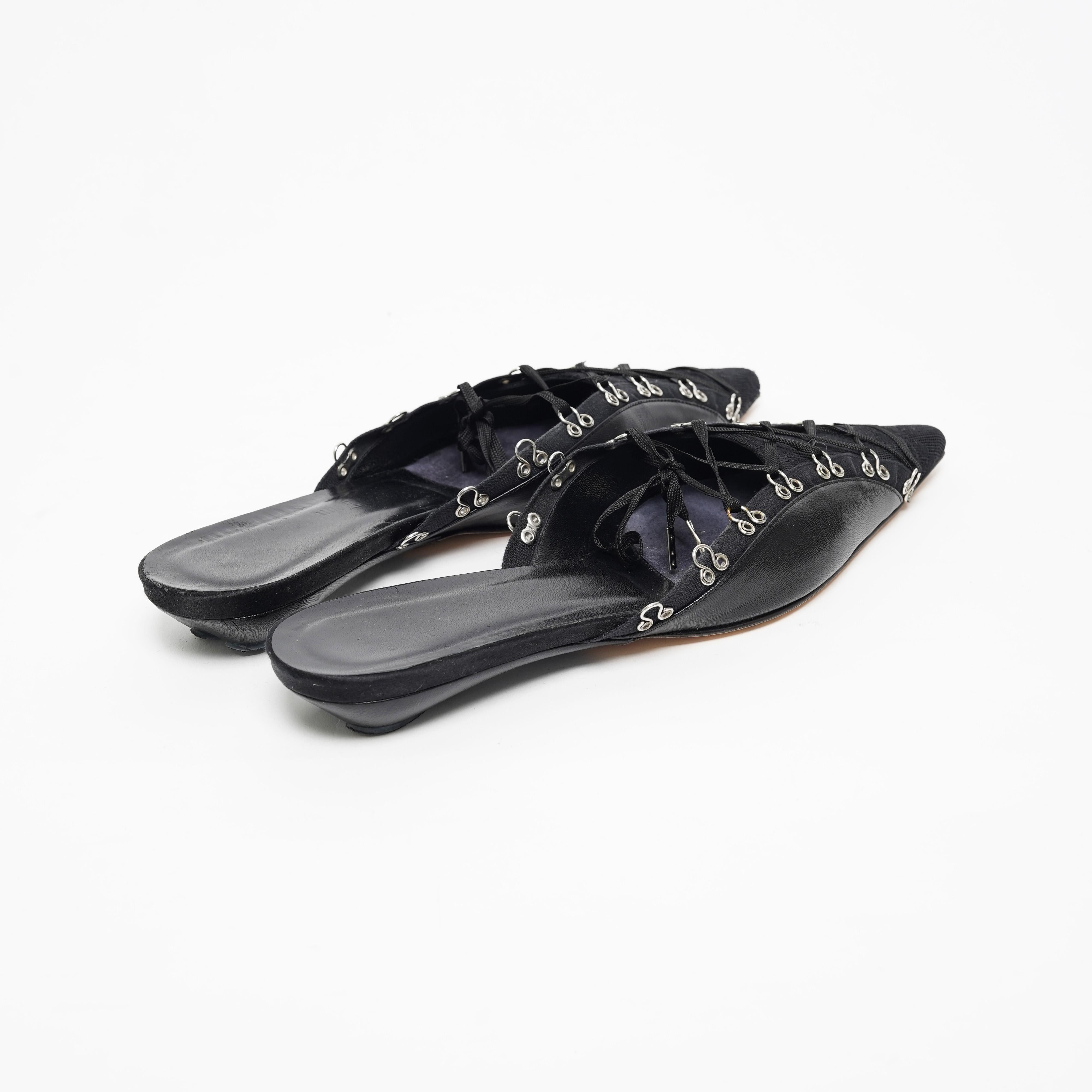 00s John Galliano Black Leather Gazette Print Lingerie Corset Mules 38 in vendita 1