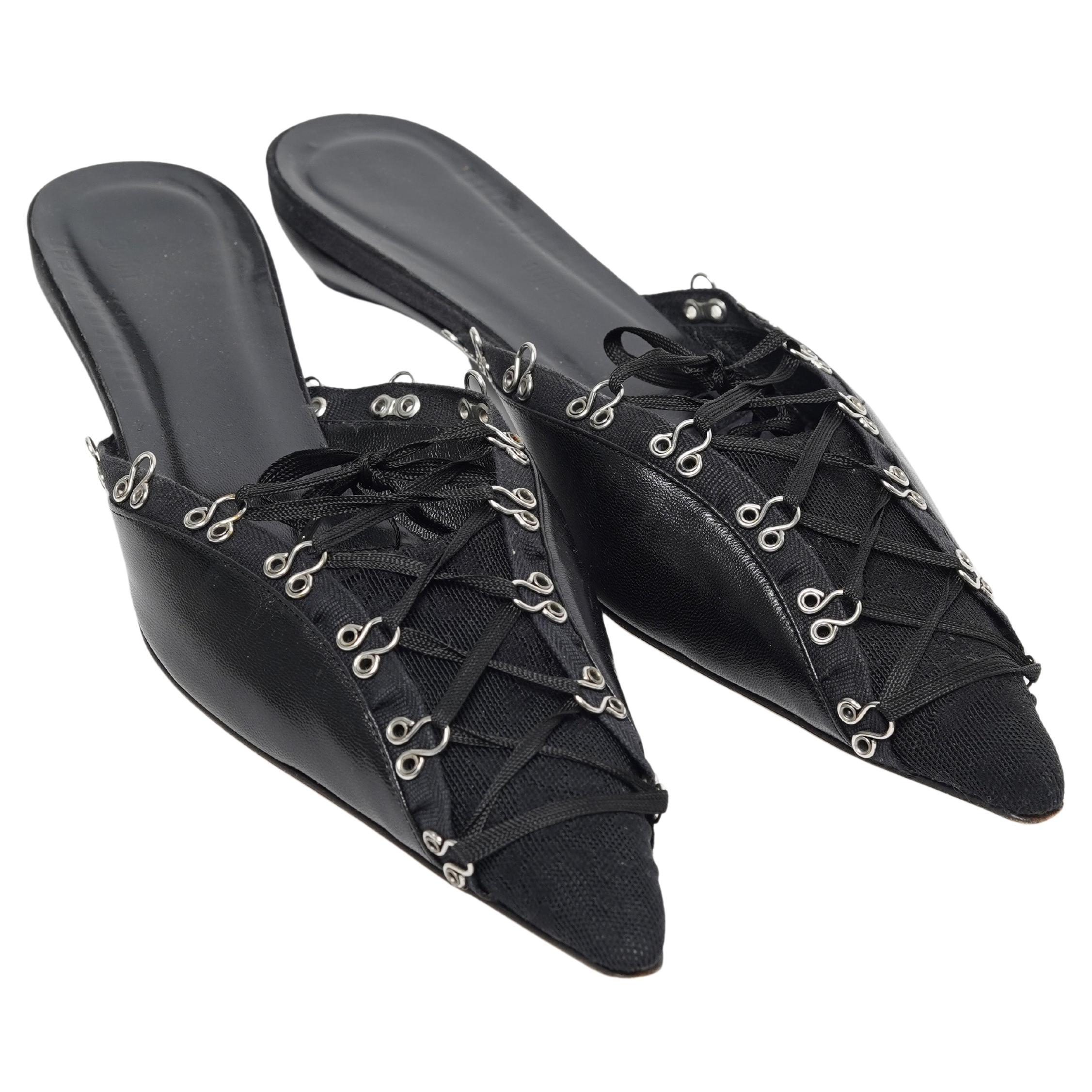 00s John Galliano Black Leather Gazette Print Lingerie Corset Mules 38 in vendita