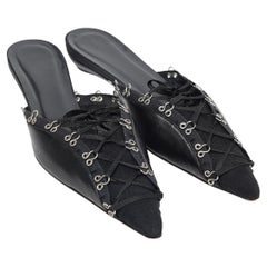 00s John Galliano Black Leather Gazette Print Lingerie Corset Mules 38