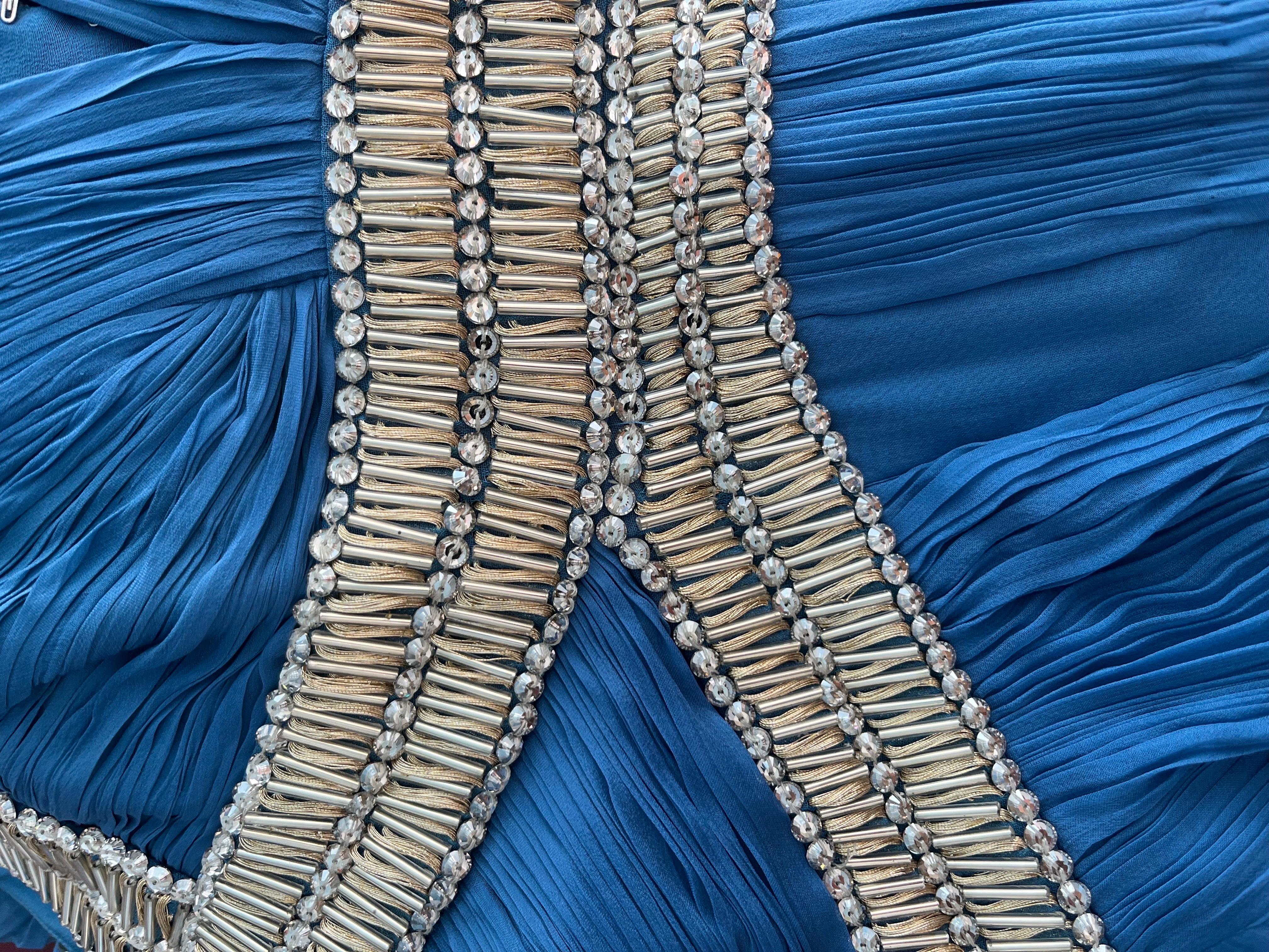 00's Roberto Cavalli Blue Chiffon Beaded Silk Dress For Sale 8