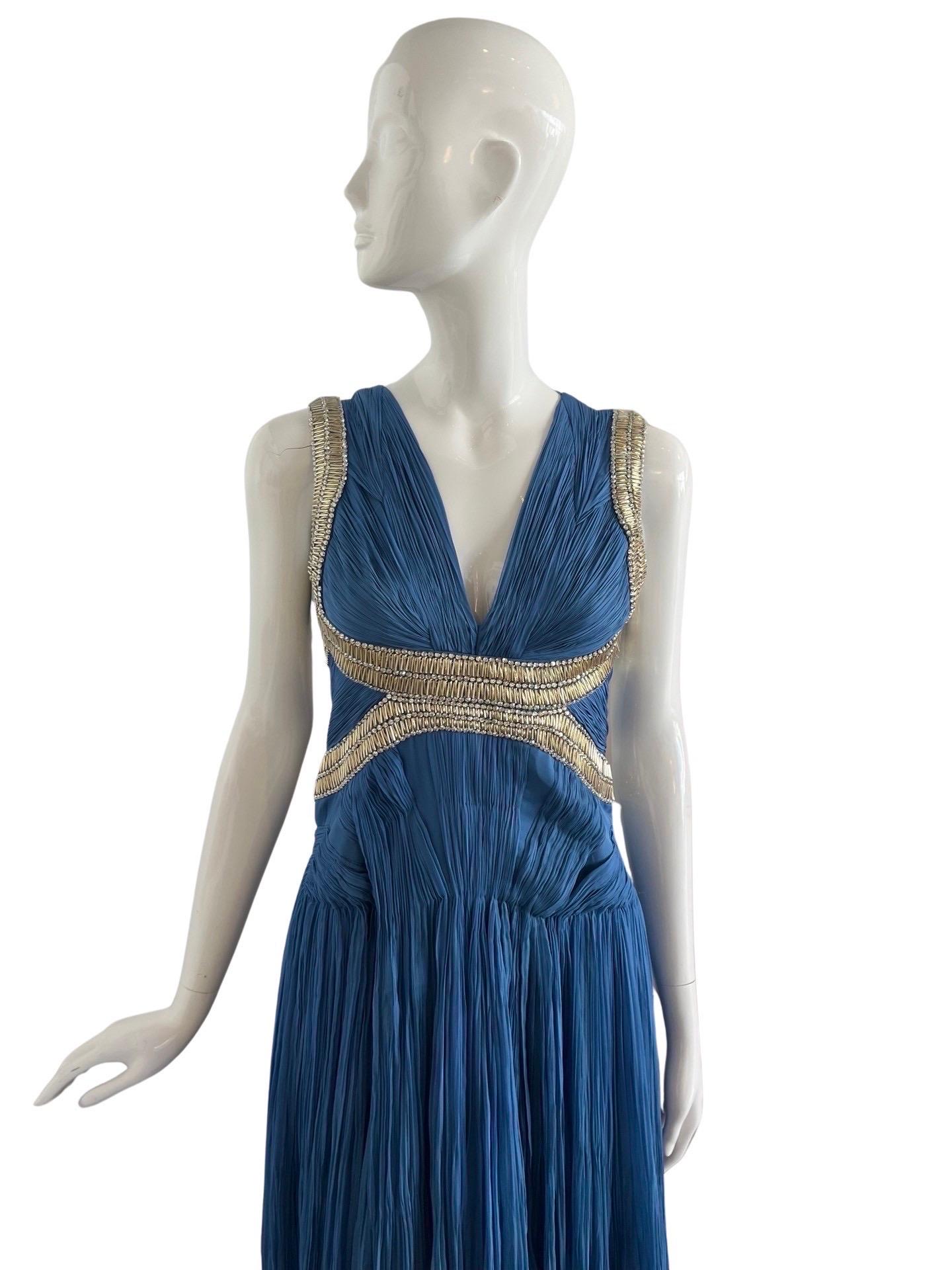 00's Roberto Cavalli Blue Chiffon Beaded Silk Dress In Good Condition For Sale In Miami, FL