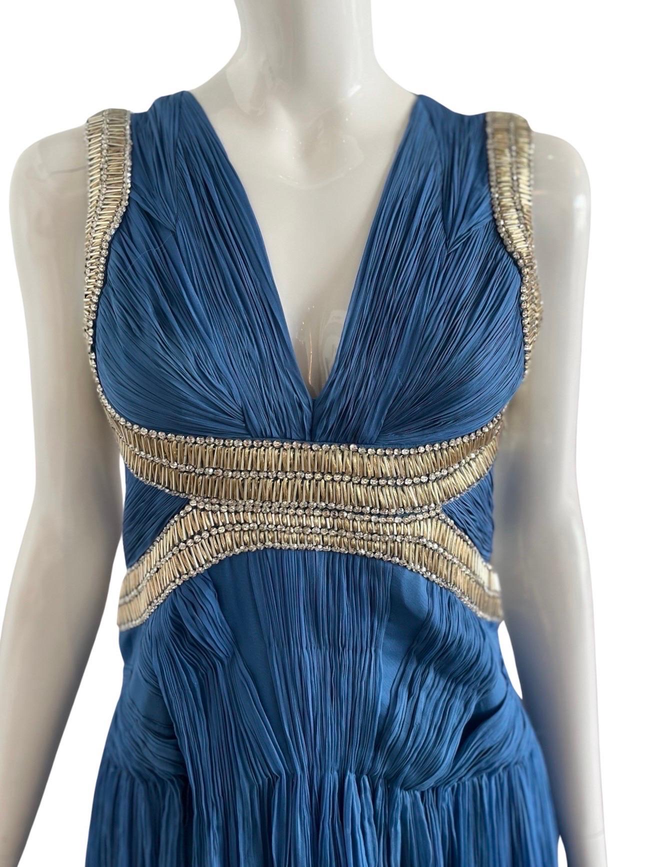 00's Roberto Cavalli Blue Chiffon Beaded Silk Dress For Sale 3