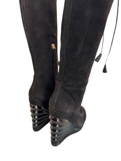 00s YSL Space Black Knee High Platform Boots 38.5