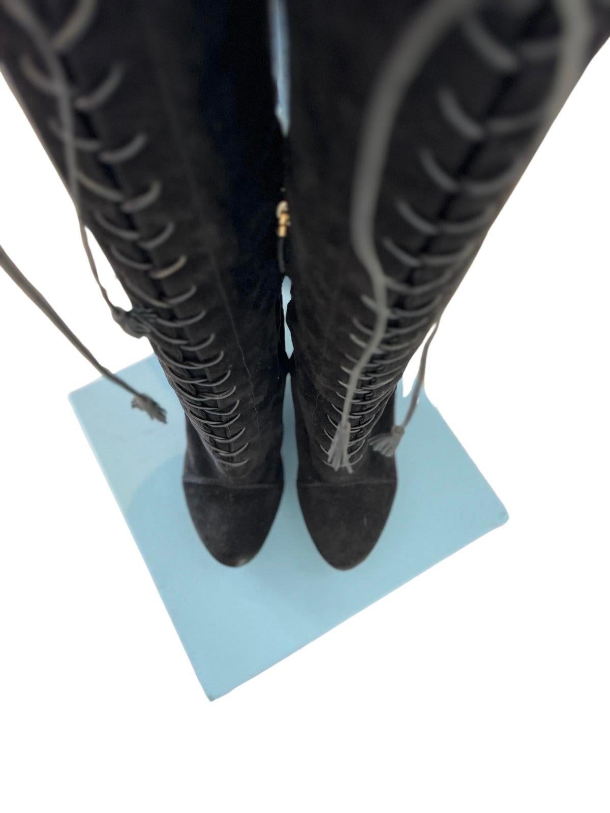 Women's or Men's 00s YSL Space Black Knee High Platform Boots 38.5 For Sale
