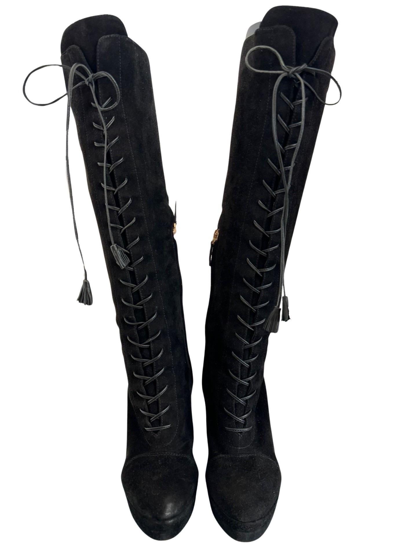 00s YSL Space Black Knee High Platform Boots 38.5 For Sale 1