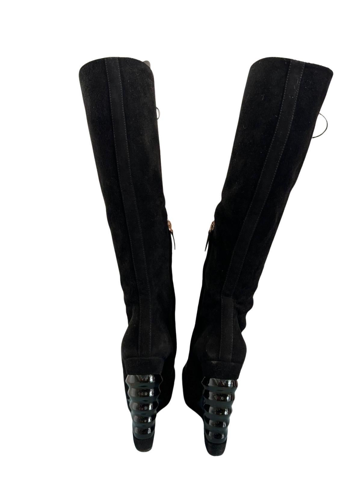 00s YSL Space Black Knee High Platform Boots 38.5 For Sale 2