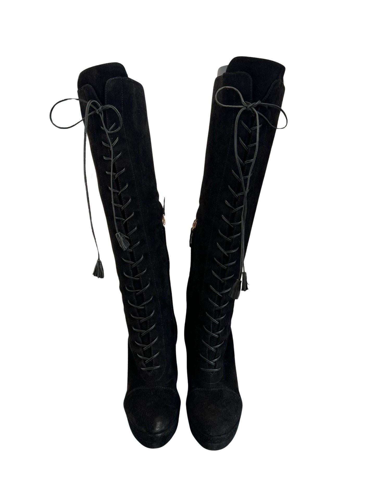 00s YSL Space Black Knee High Platform Boots 38.5 For Sale 3