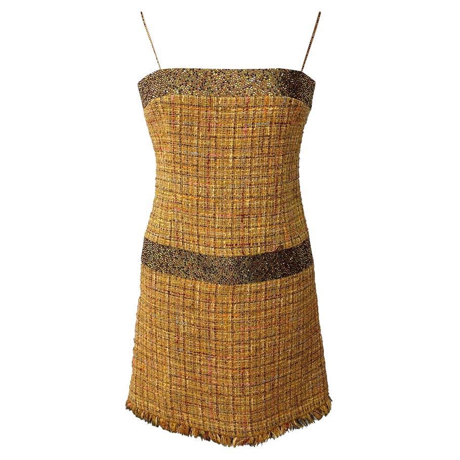 '01 Chanel Gold/Mustard and Multi Tweed/Rhinestone Mini Dress