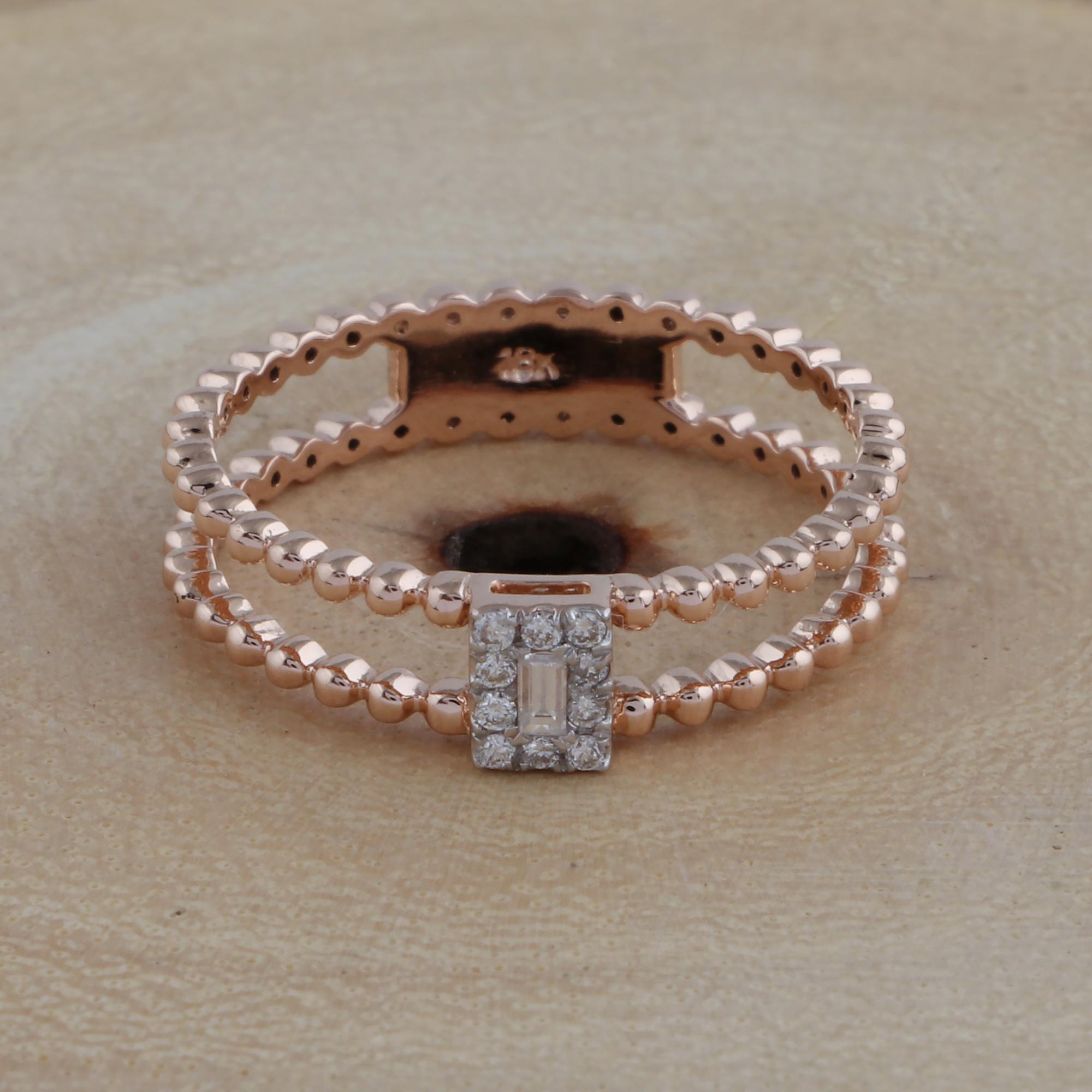 Modern 0.1 Ct SI/HI Baguette Diamond Beaded Ball Band Ring 18 Karat Rose Gold Jewelry For Sale