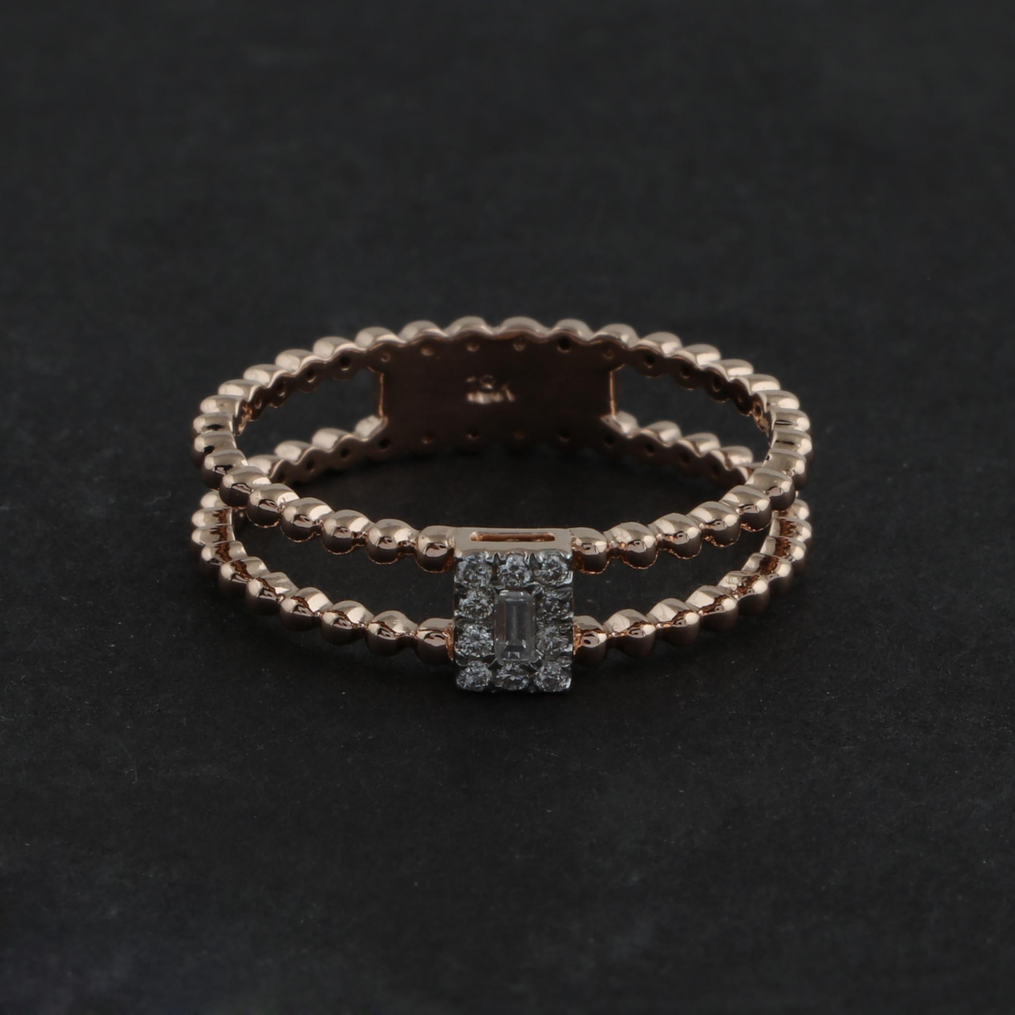 Baguette Cut 0.1 Ct SI/HI Baguette Diamond Beaded Ball Band Ring 18 Karat Rose Gold Jewelry For Sale
