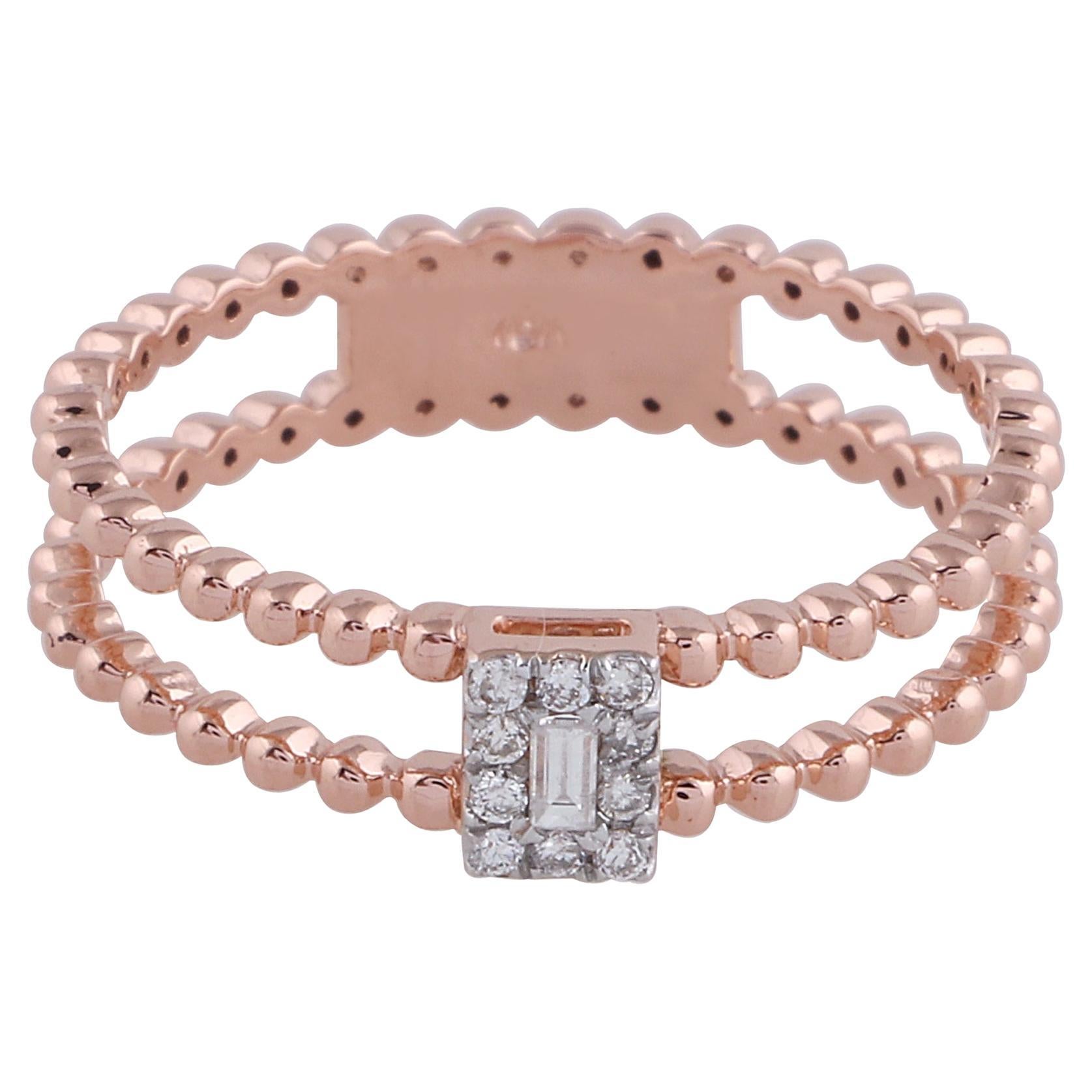 0.1 Ct SI/HI Baguette Diamond Beaded Ball Band Ring 18 Karat Rose Gold Jewelry For Sale