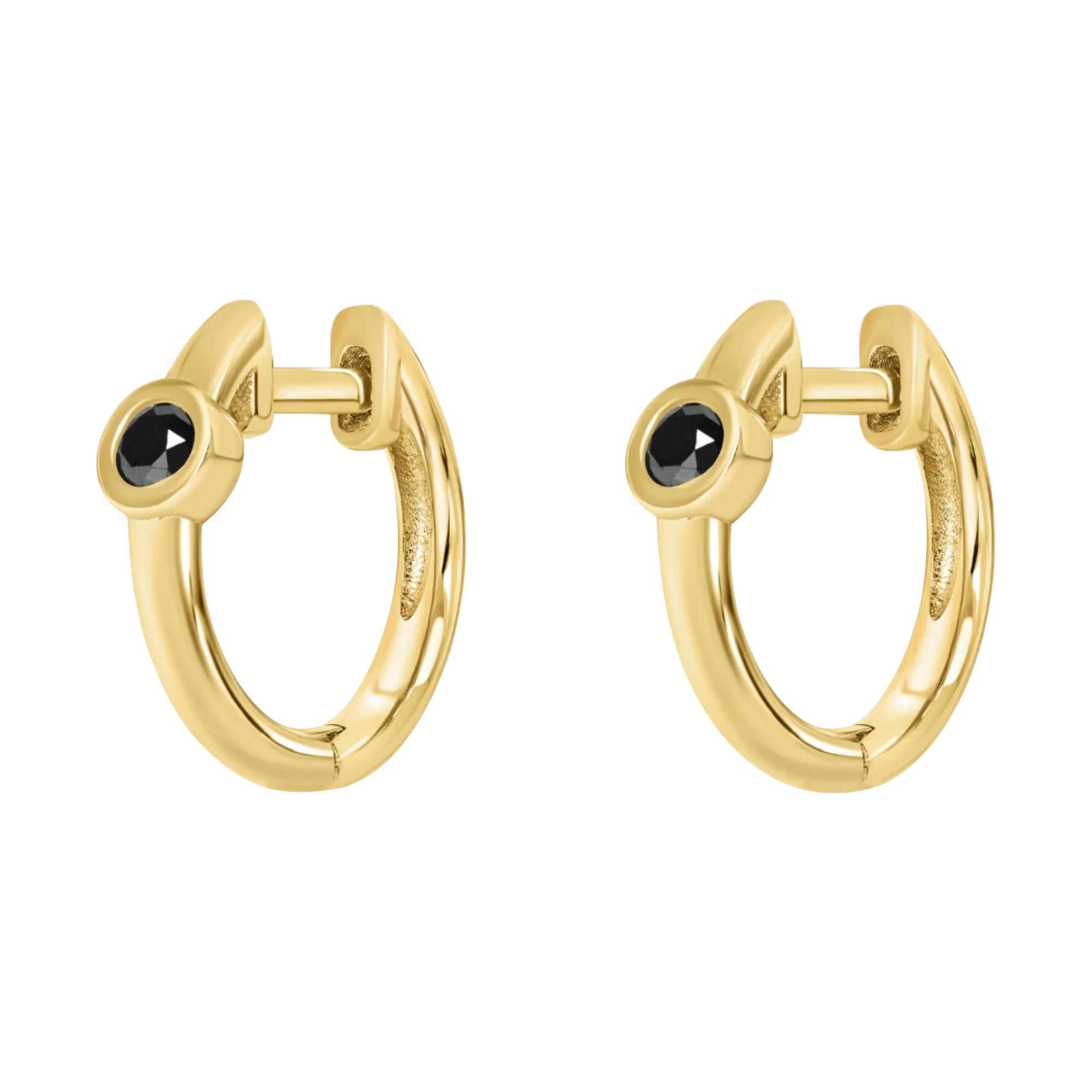 0.10 Carat Black Diamond Huggie Hoop Earrings in 14K Yellow Gold, Shlomit Rogel