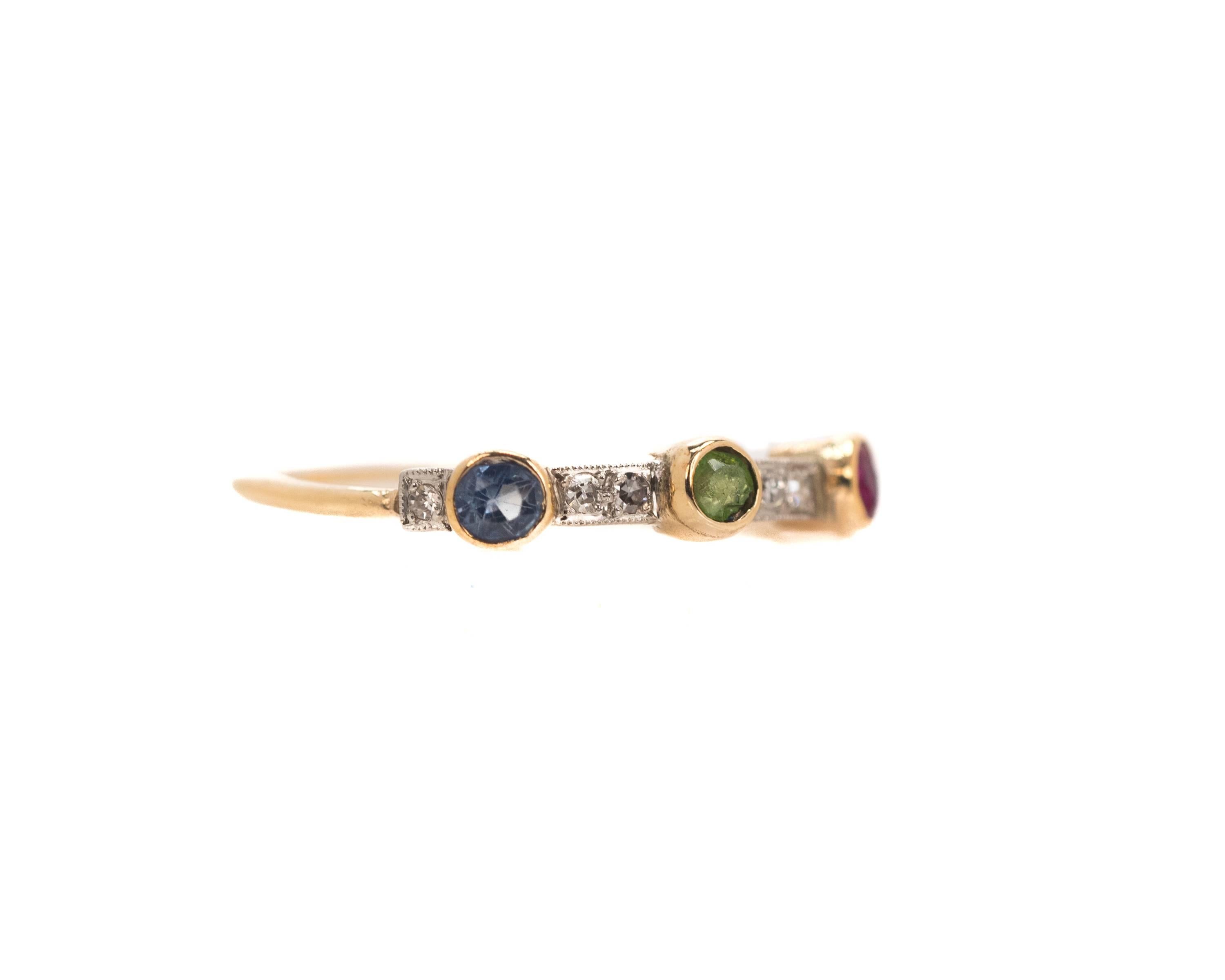 Stackable 3 Stone, 14 Karat Two-Tone Gold Colorful Gemstone Ring

This Stackable Ring features Colorful Gemstones set in 14K Yellow Gold and Diamonds set in 14K White Gold. The shank is crafted from 14K Yellow Gold. The rich yellow Gold complements