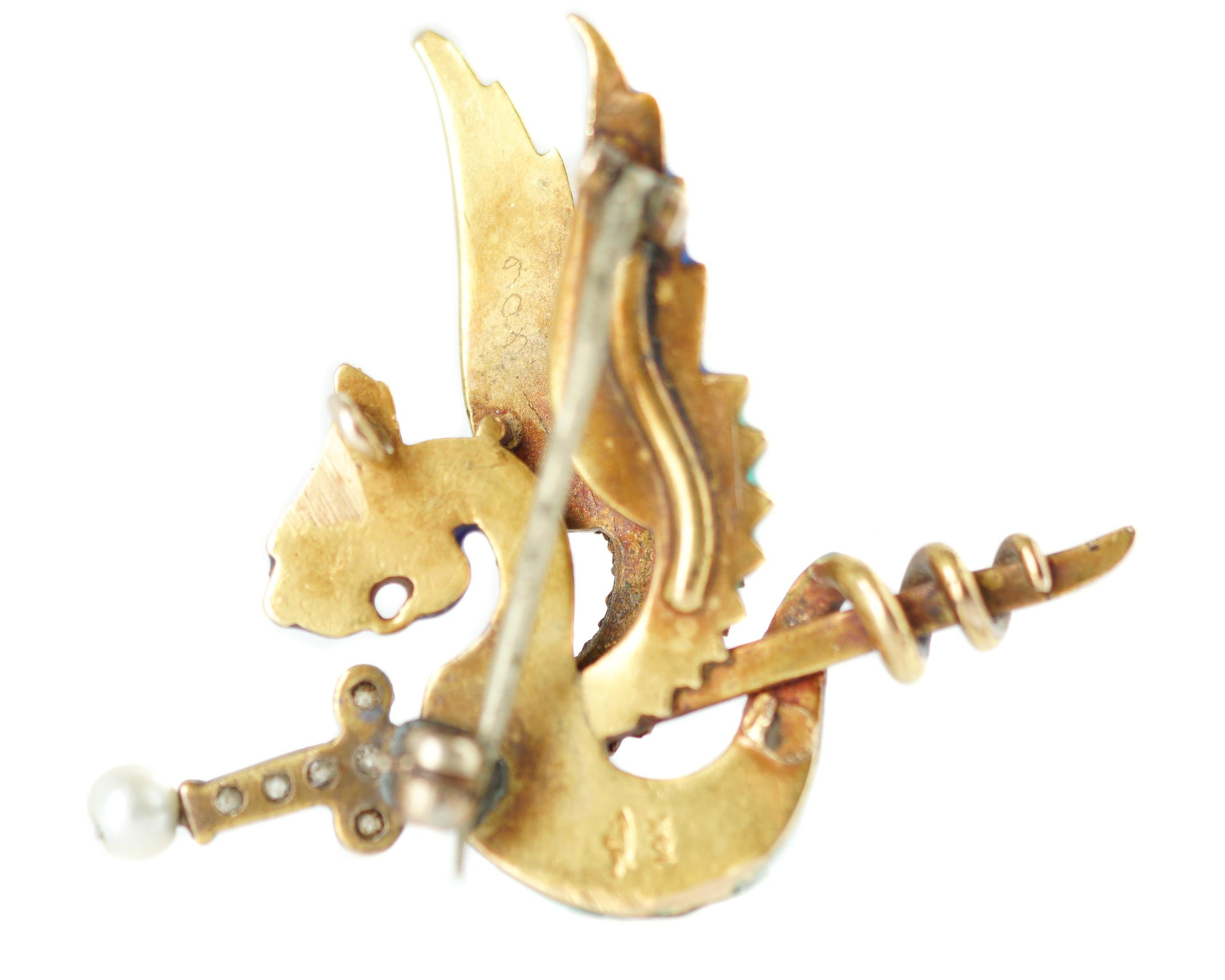Women's or Men's 0.10 Carat Diamond and Enamel Dragon Sword Brooch in 14 Karat Gold