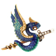 Antique 0.10 Carat Diamond and Enamel Dragon Sword Brooch in 14 Karat Gold