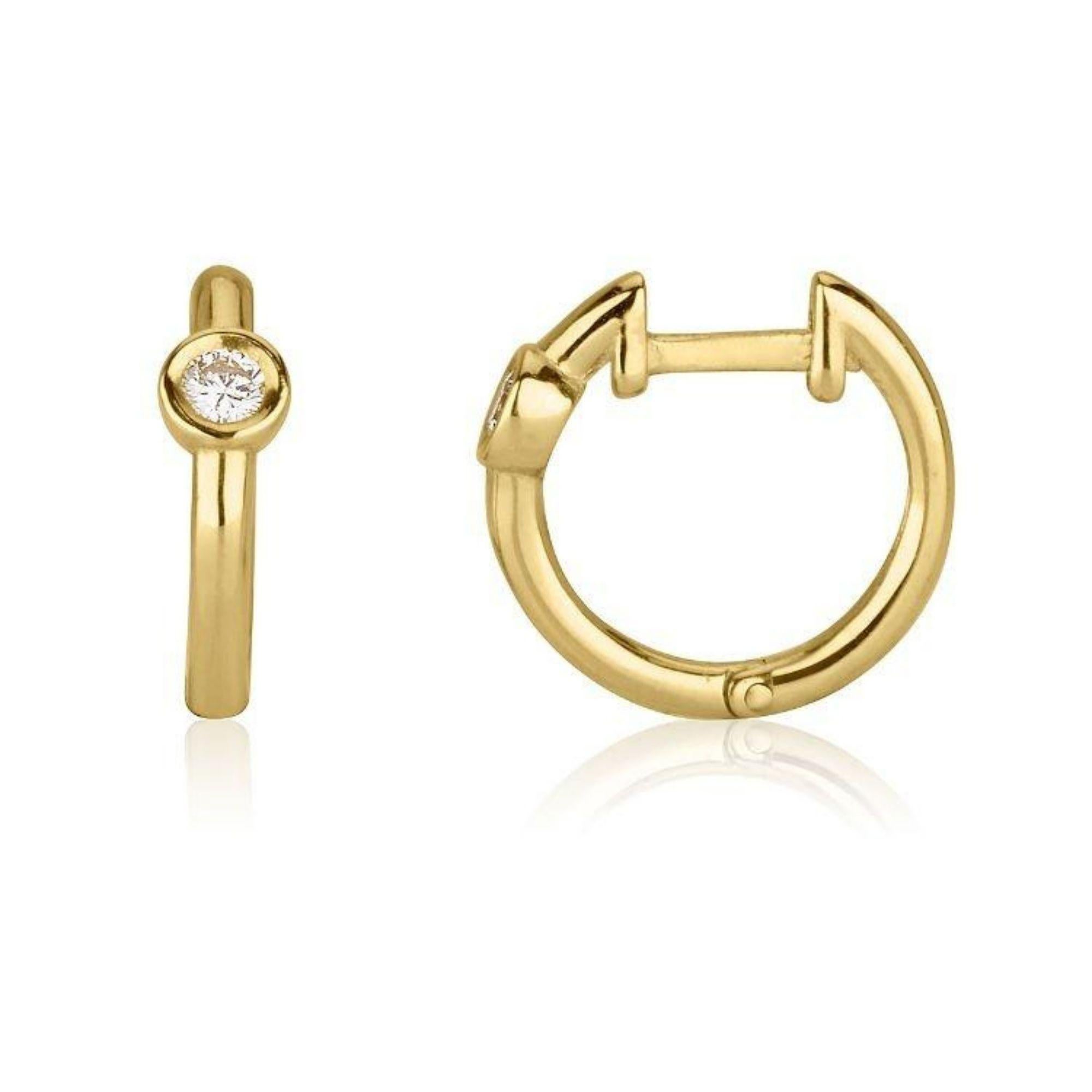 0.10 Carat Diamond Huggie Hoop Earrings in 14K Yellow Gold - Shlomit Rogel

A staple in every woman's jewelry collection - classic diamond hoop earrings. Handcrafted from 14k gold and bezel set with a genuine 0.05 carat diamond, these hoop earrings