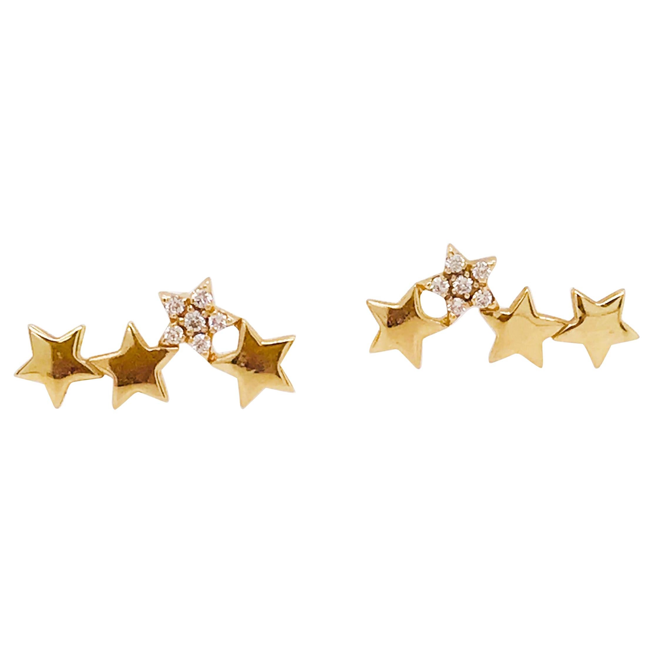 0.10 Carat Diamond Star Ear Climbers 14 Karat Gold, Diamond Star Earring Studs