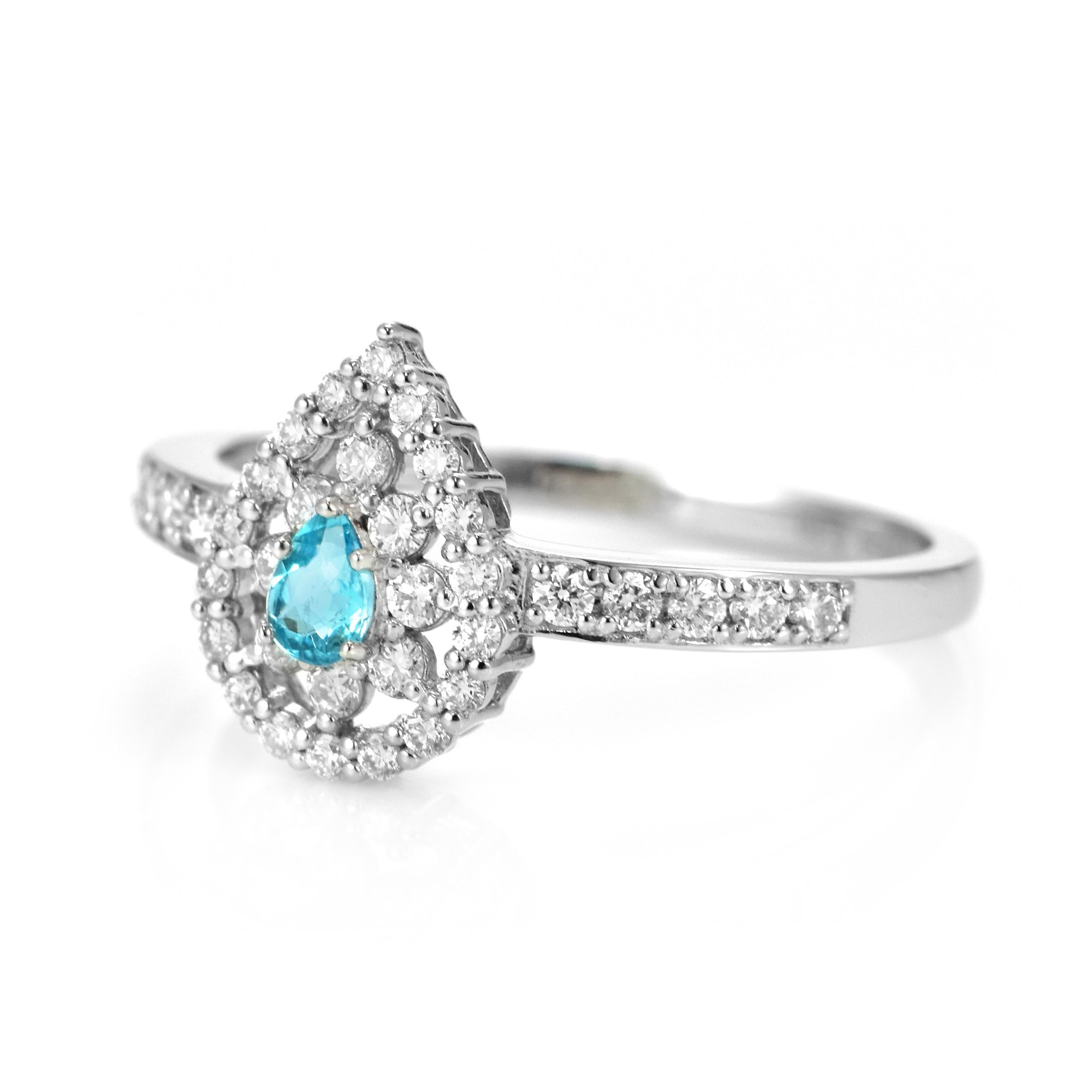 Pear Cut 0.10 Carat Natural Brazilian Paraiba Tourmaline & Diamond Ring Made in Platinum For Sale