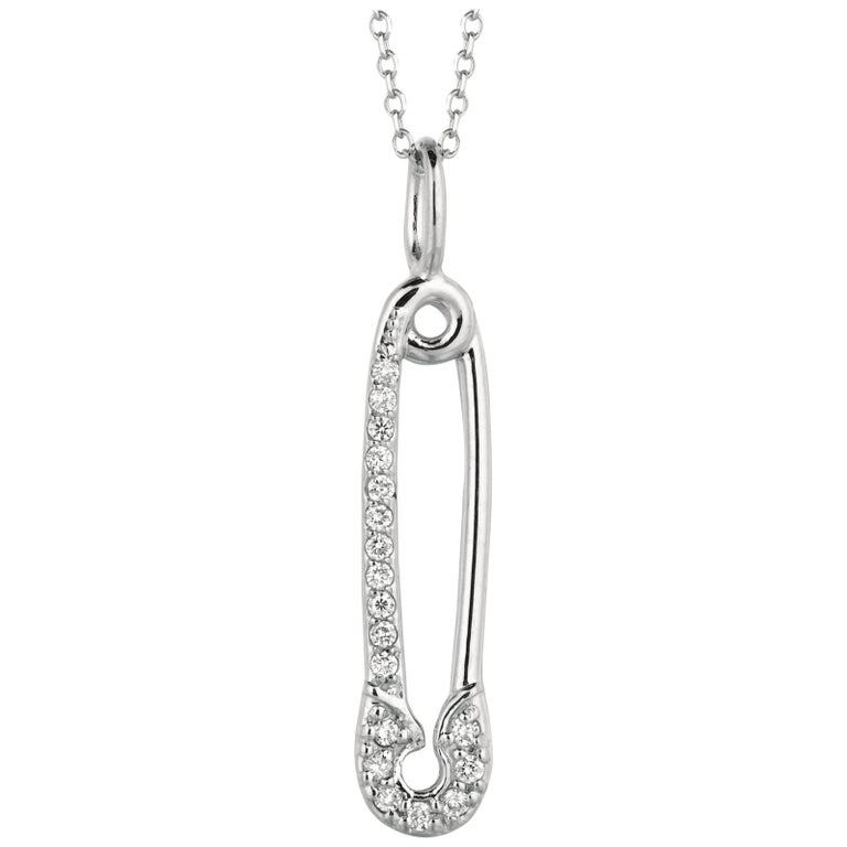 0.10 Carat Natural Diamond Safety Pin Necklace 14 Karat White Gold G SI