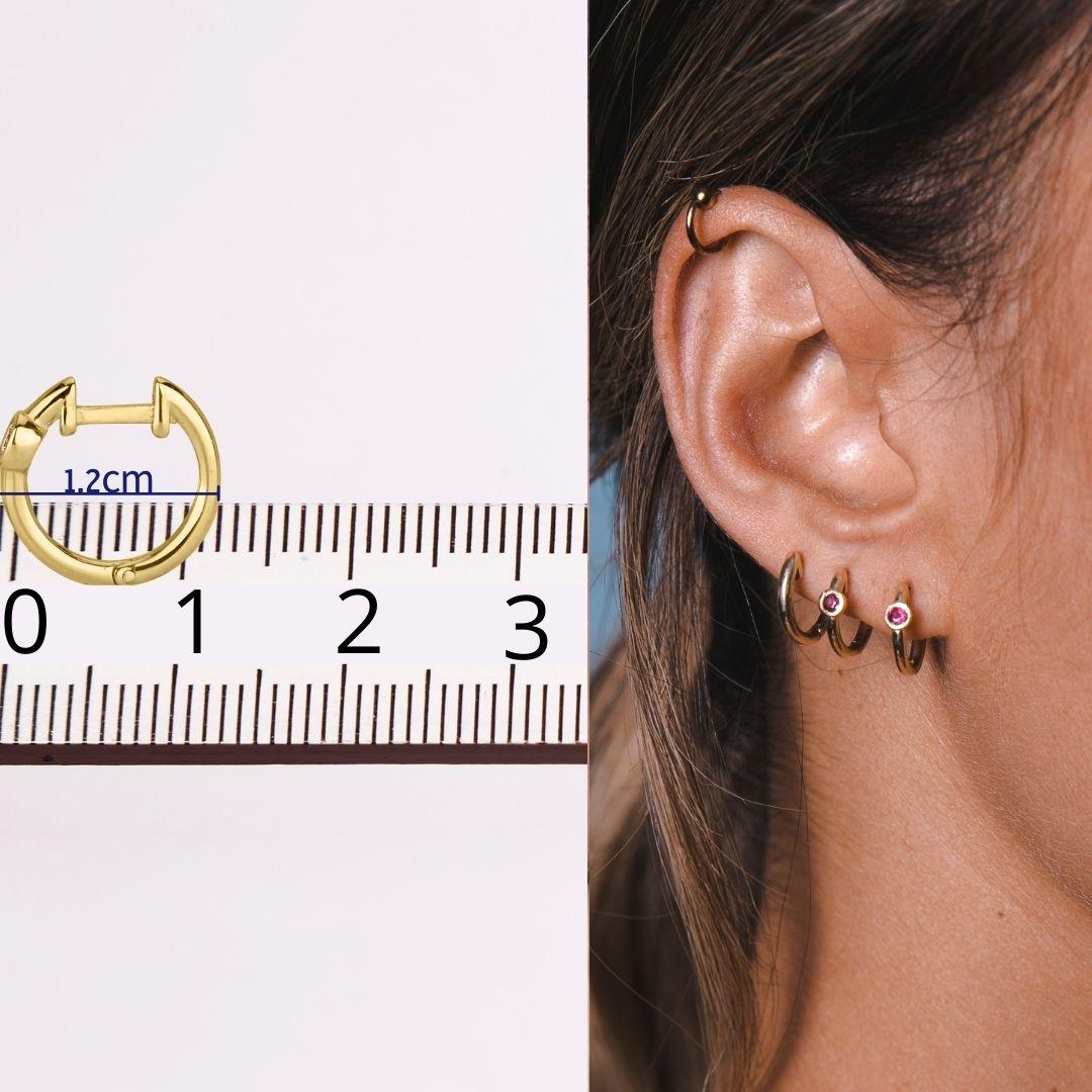 0.10 Carat Ruby Birthstone Huggie Hoop Earrings 14K Yellow Gold, Shlomit Rogel In New Condition For Sale In Ramatgan, IL