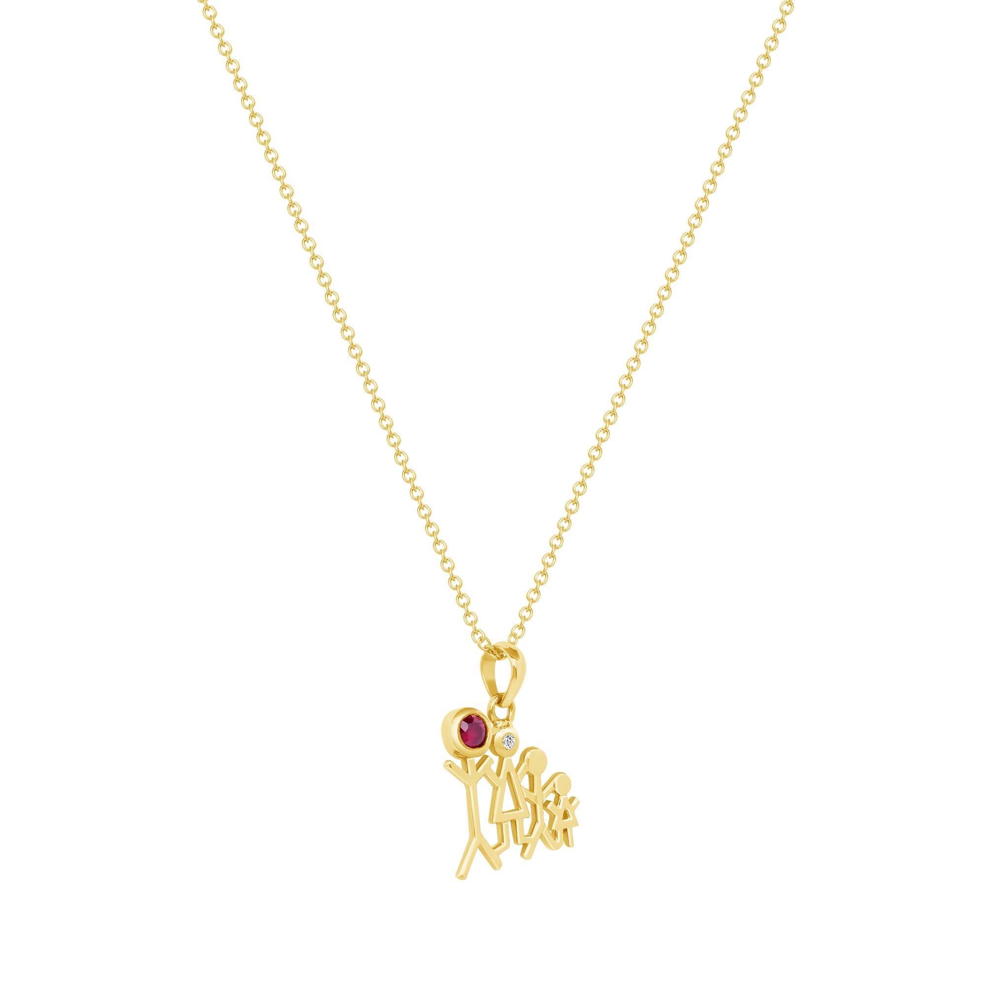 Round Cut 0.10 Carat Ruby Diamond Yellow Gold Family Stick Figure Pendant Necklace For Sale