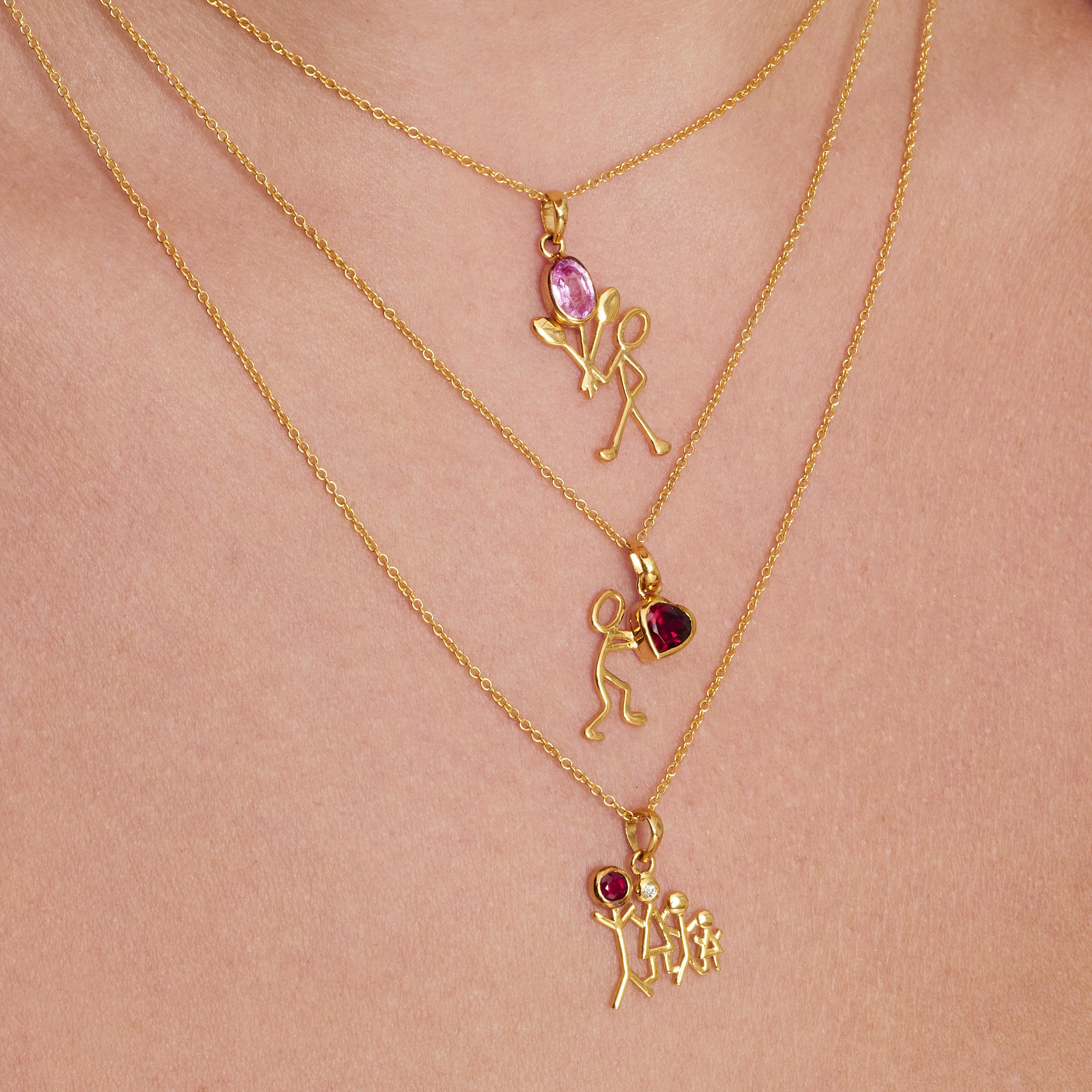 0.10 Carat Ruby Diamond Yellow Gold Family Stick Figure Pendant Necklace In New Condition For Sale In Woodstock, GA