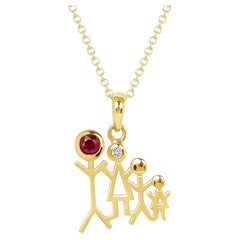 0.10 Carat Ruby Diamond Yellow Gold Family Stick Figure Pendant Necklace