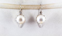 0.10 Carat White Rose Cut Diamond Mabe Pearl White Gold Lever-Back Earrings