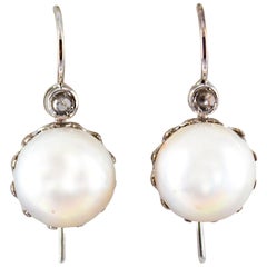 0.10 Carat White Rose Cut Diamond Mabe Pearl White Gold Lever-Back Earrings