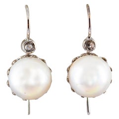 0.10 Carat White Rose Cut Diamond Mabe Pearl White Gold Lever-Back Earrings 0.10 Carat White Rose Cut Diamond Mabe Pearl White Gold Lever-Back Earrings