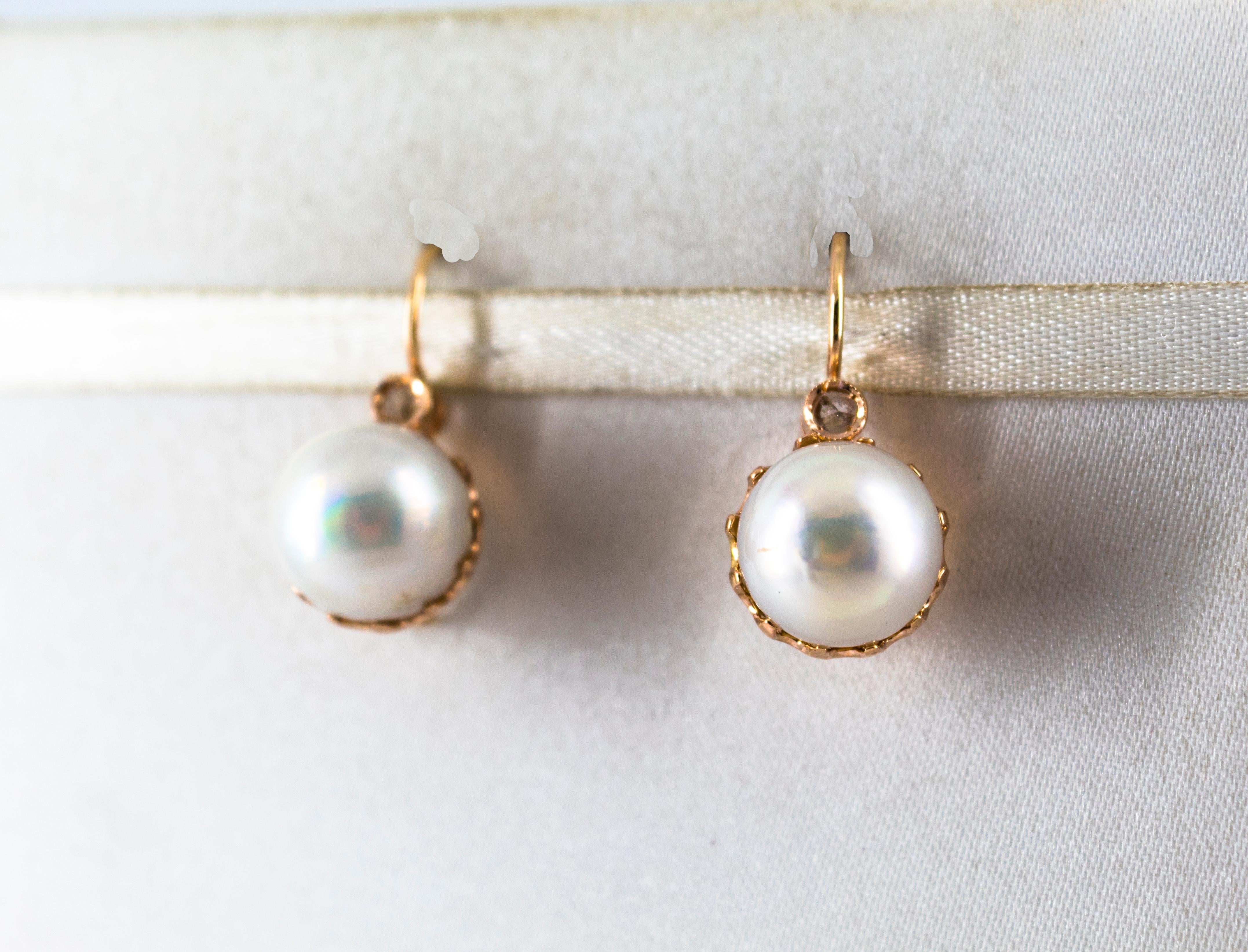 0.10 Carat White Rose Cut Diamond Mabe Pearl Yellow Gold Lever-Back Earrings For Sale 5