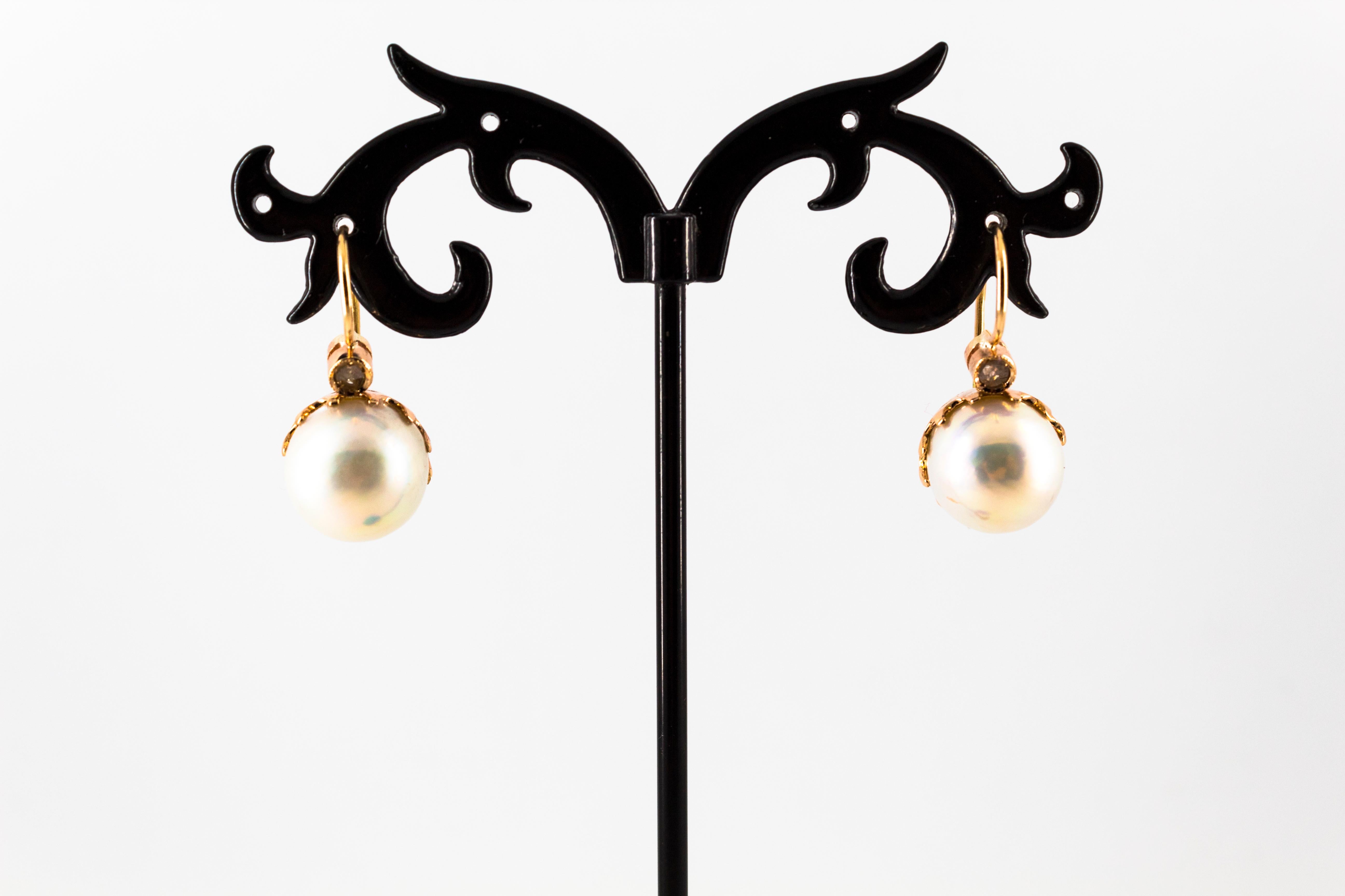 Renaissance 0.10 Carat White Rose Cut Diamond Mabe Pearl Yellow Gold Lever-Back Earrings For Sale