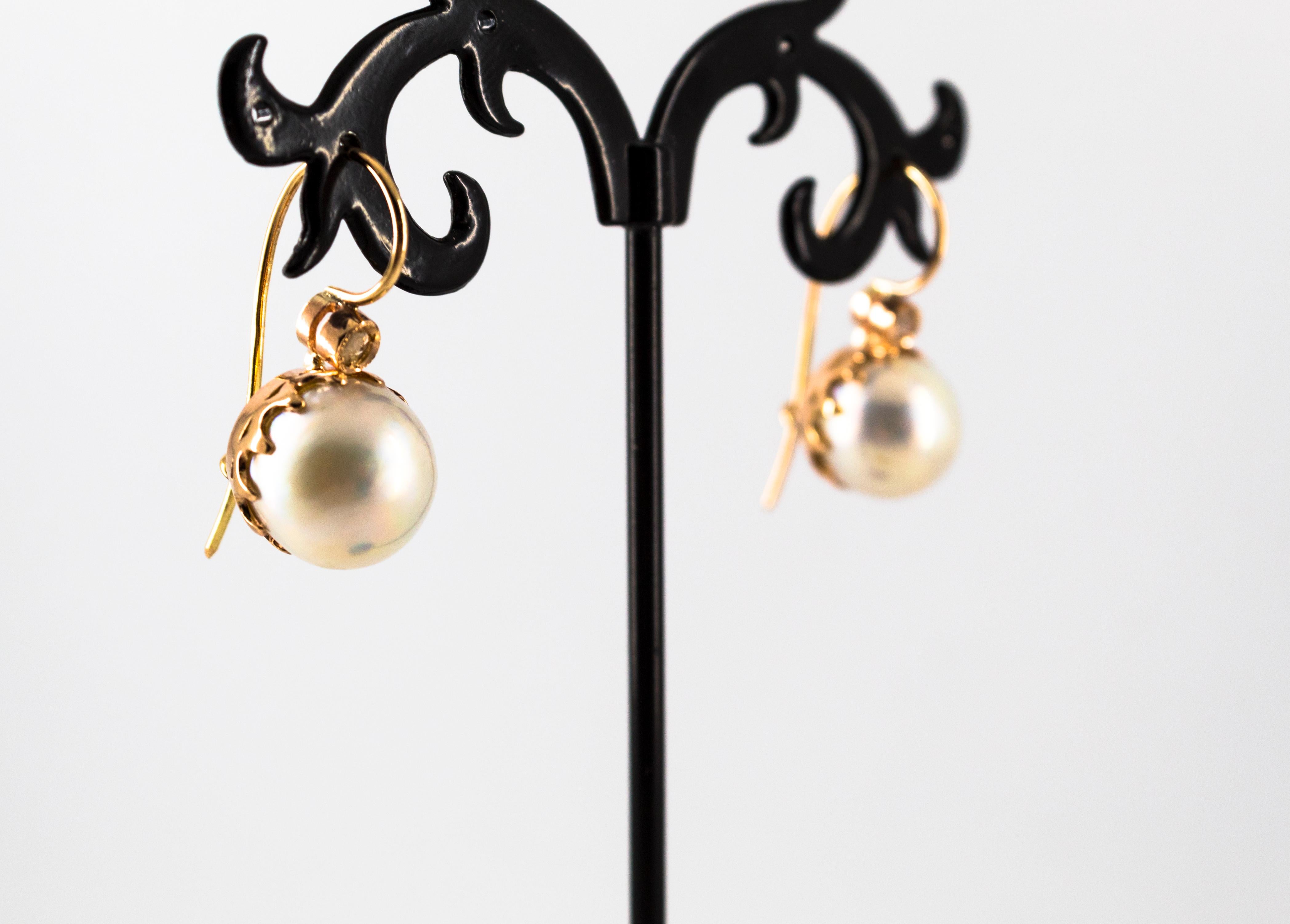 0.10 Carat White Rose Cut Diamond Mabe Pearl Yellow Gold Lever-Back Earrings For Sale 1