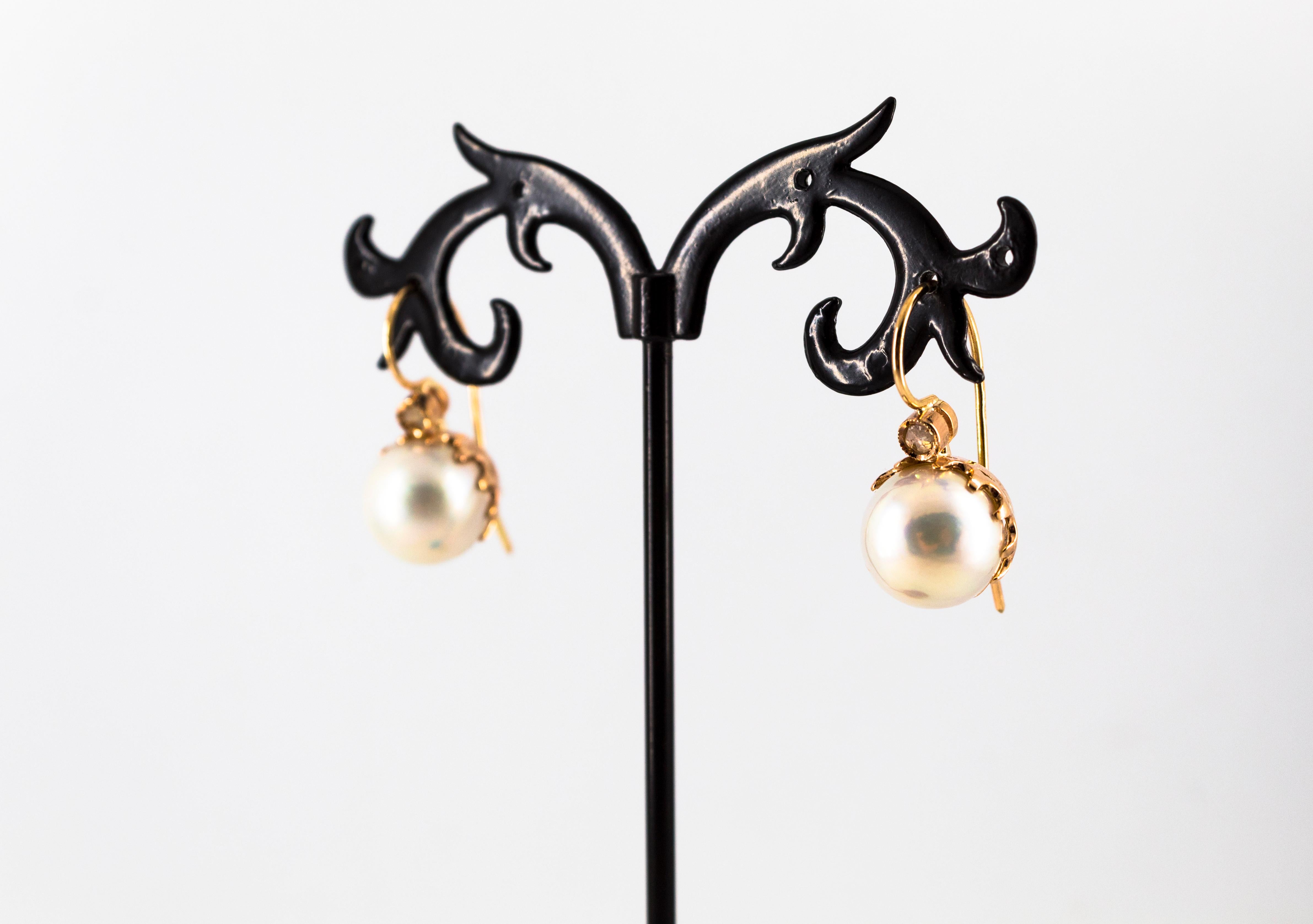 0.10 Carat White Rose Cut Diamond Mabe Pearl Yellow Gold Lever-Back Earrings For Sale 3