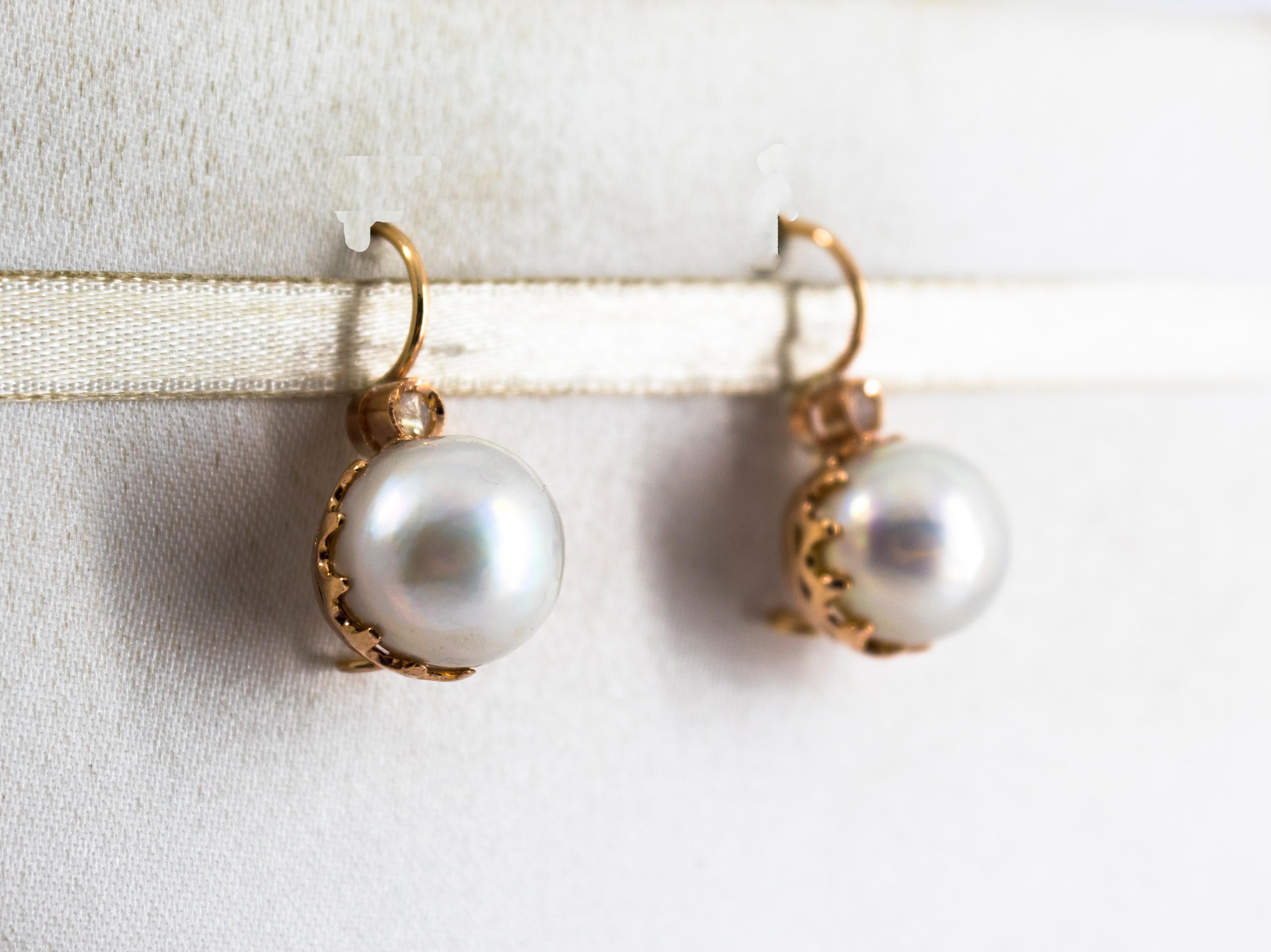 0.10 Carat White Rose Cut Diamond Mabe Pearl Yellow Gold Lever-Back Earrings For Sale 4