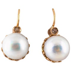 0.10 Carat White Rose Cut Diamond Mabe Pearl Yellow Gold Lever-Back Earrings