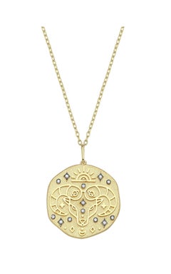 14k Gold Aries Medallion Zodiac Necklace with 0.10 ct Diamond