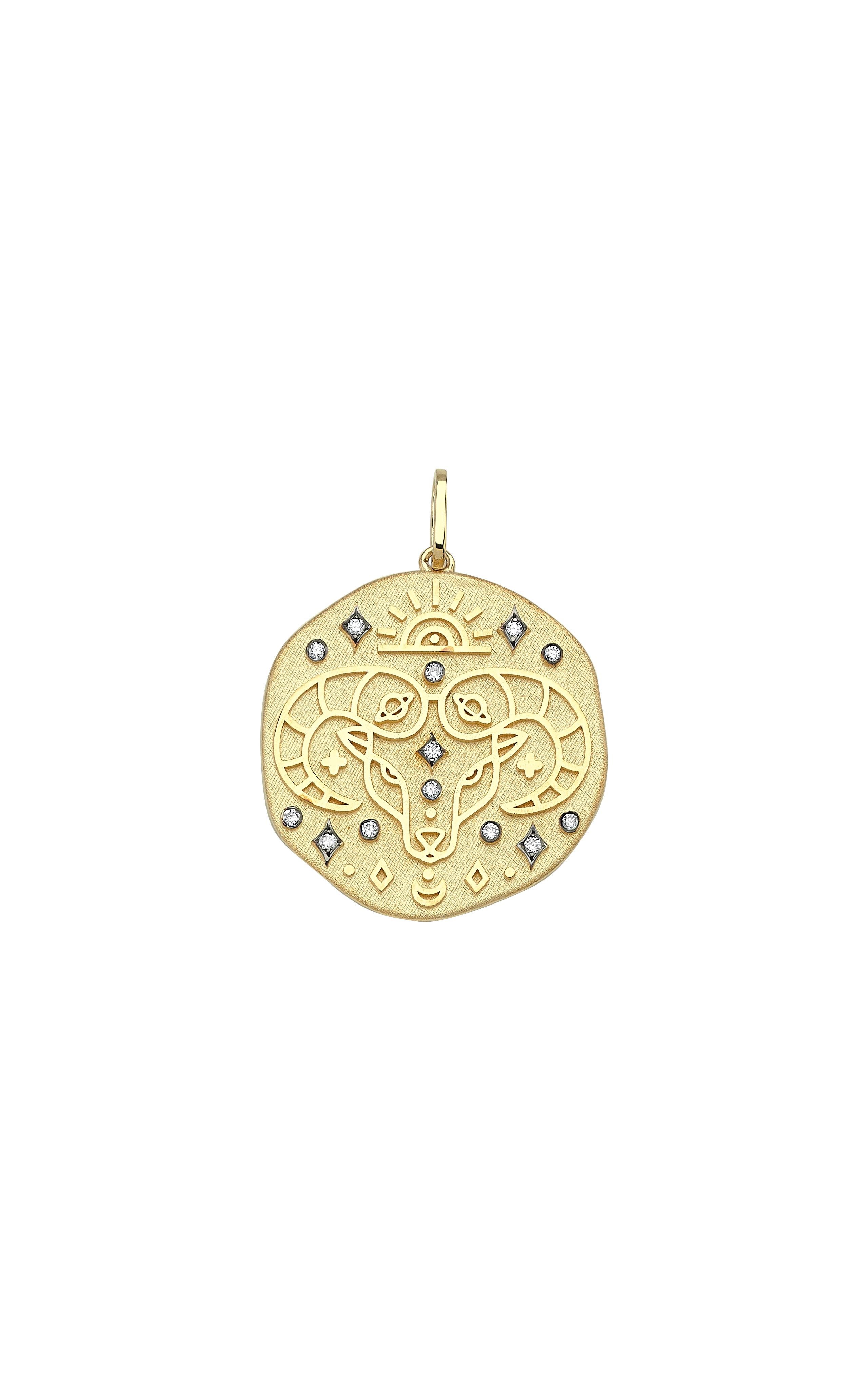 Modern 14k Gold Aries Medallion Zodiac Necklace with 0.10 ct Diamond For Sale