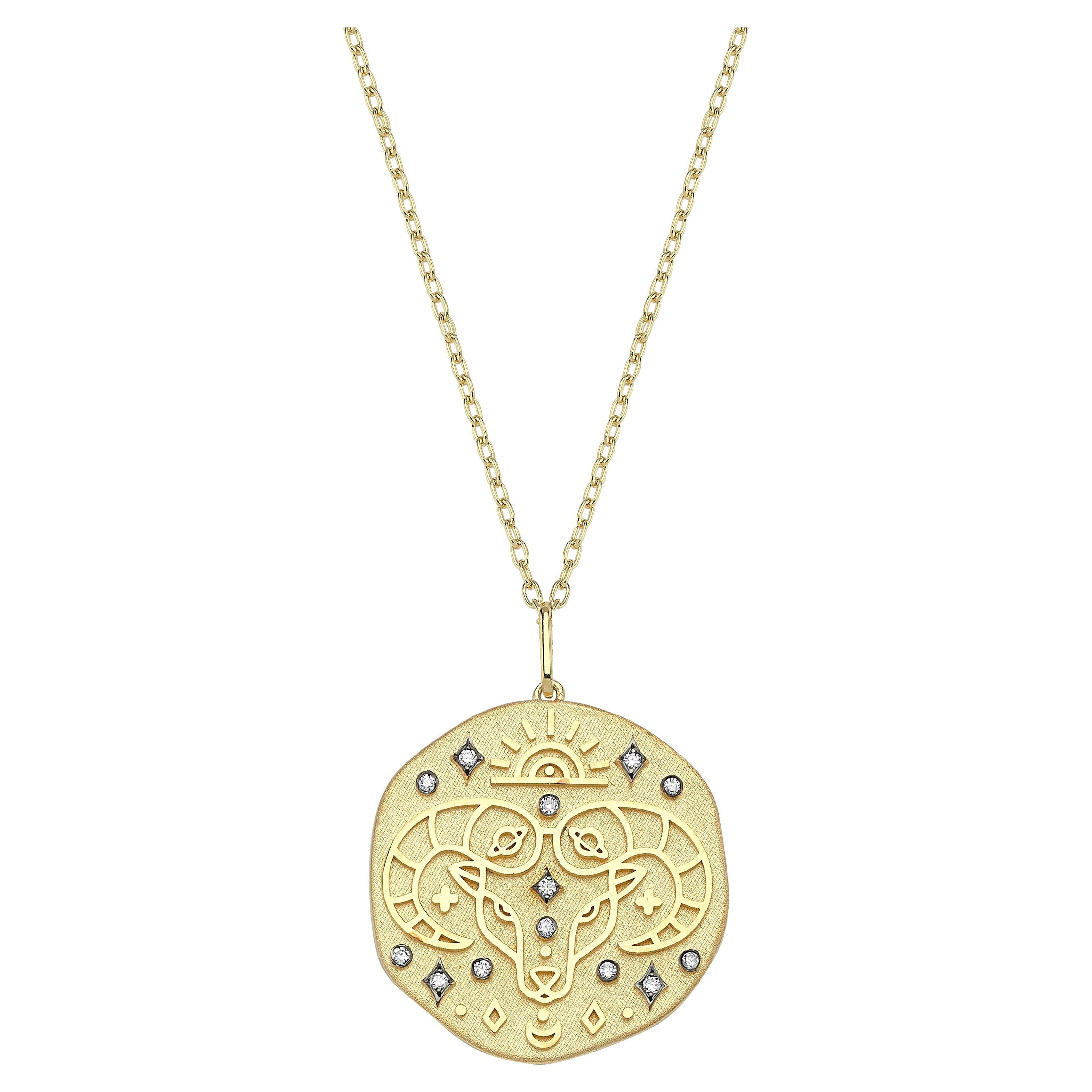 14k Gold Aries Medallion Zodiac Necklace with 0.10 ct Diamond