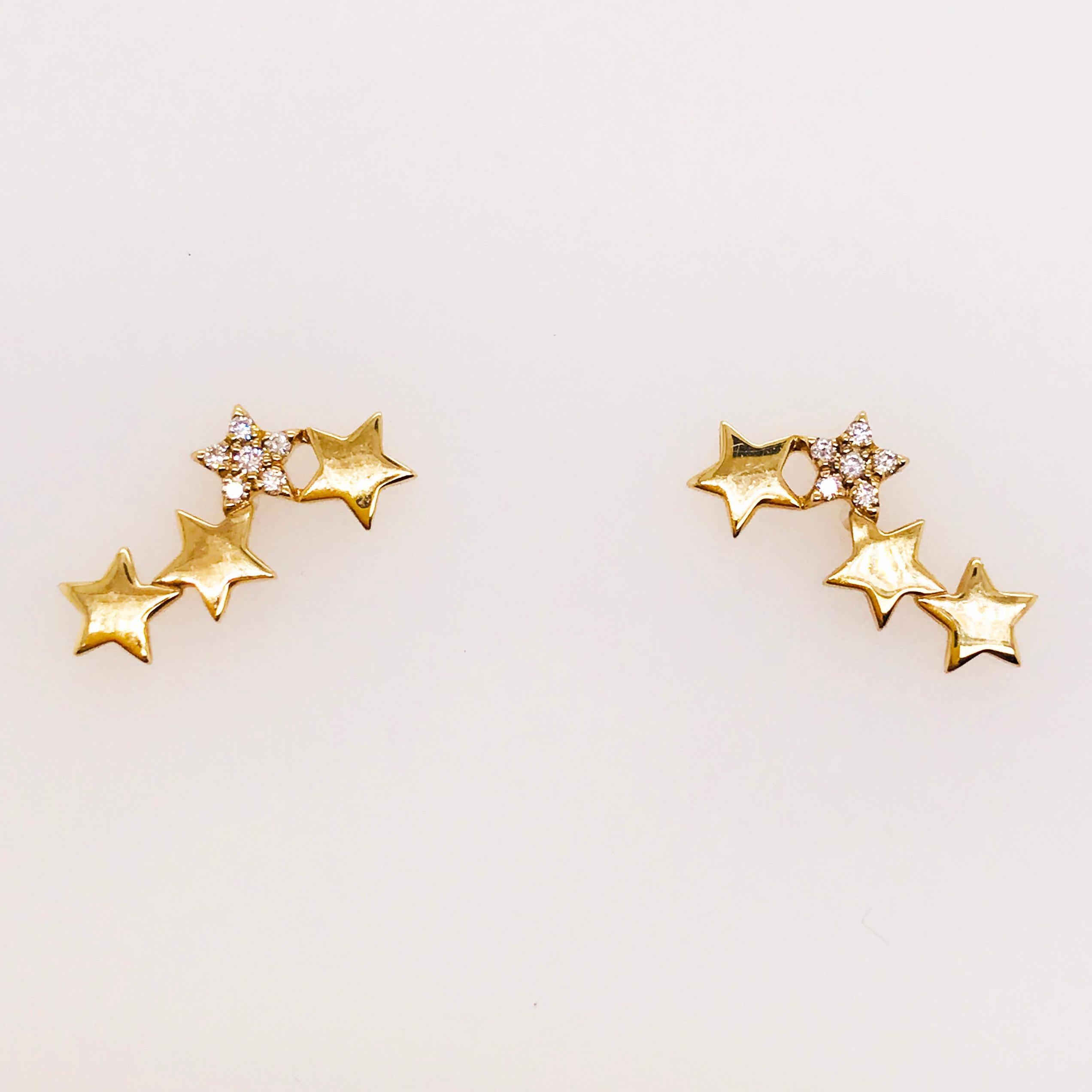 These diamond earrings are the newest trend! Cute, dainty, sparkly stars! These star earrings are adorable and shiny with 6 round brilliant diamonds making one of the four stars shine brightest in each earring! These are a 14k yellow gold