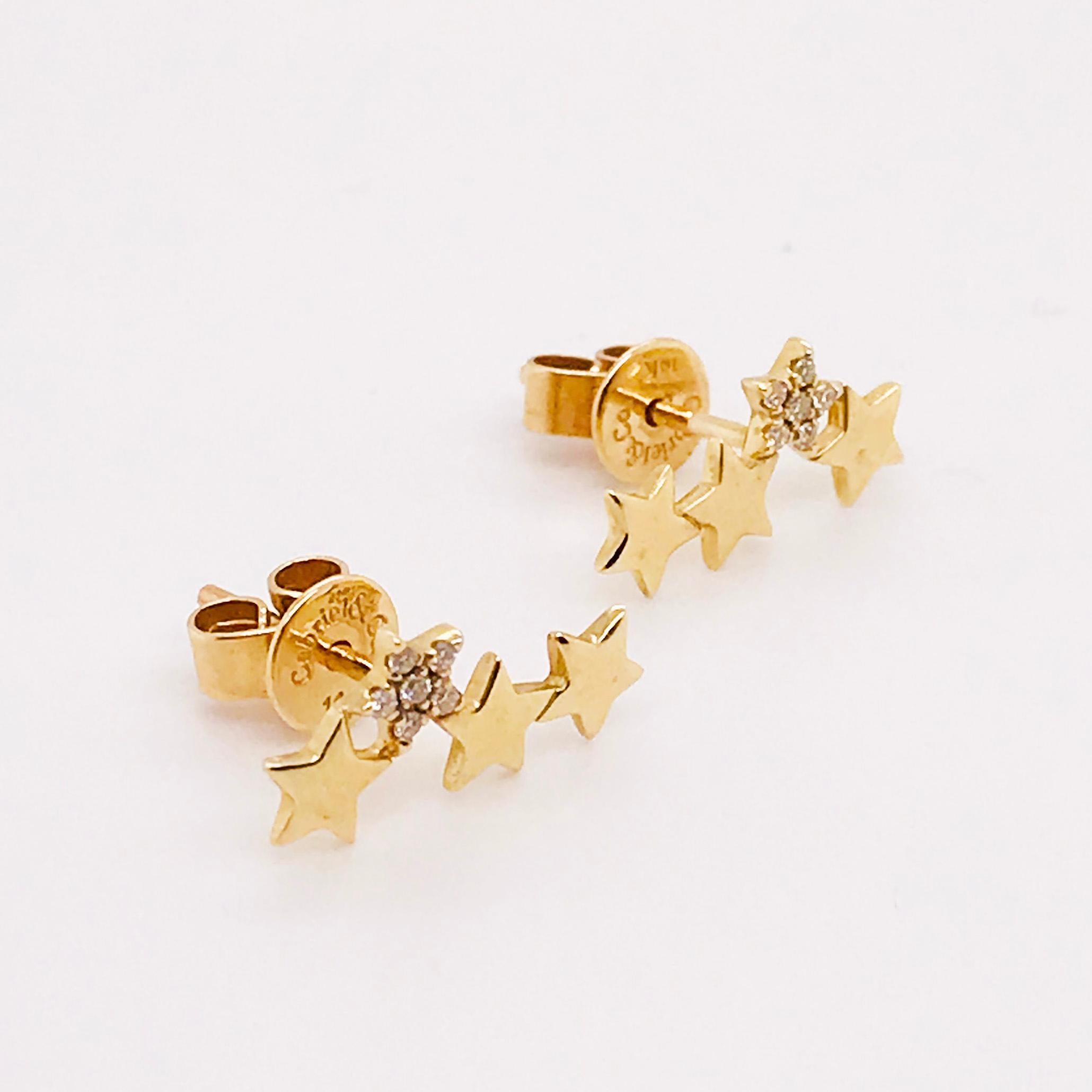 Romantic 0.10 Ct. Diamond Star Ear Climbers 14K Yellow Gold, Diamond Star Earring Studs