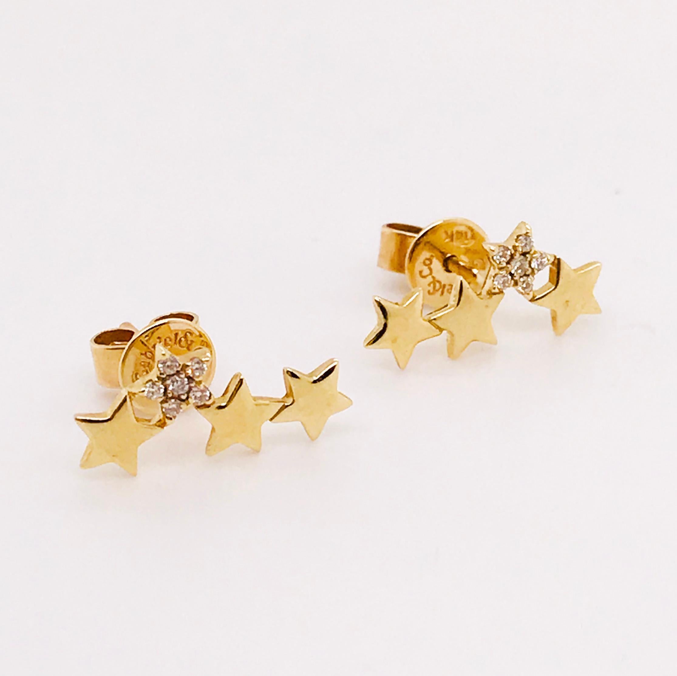 0.10 Ct. Diamond Star Ear Climbers 14K Yellow Gold, Diamond Star Earring Studs In New Condition In Austin, TX