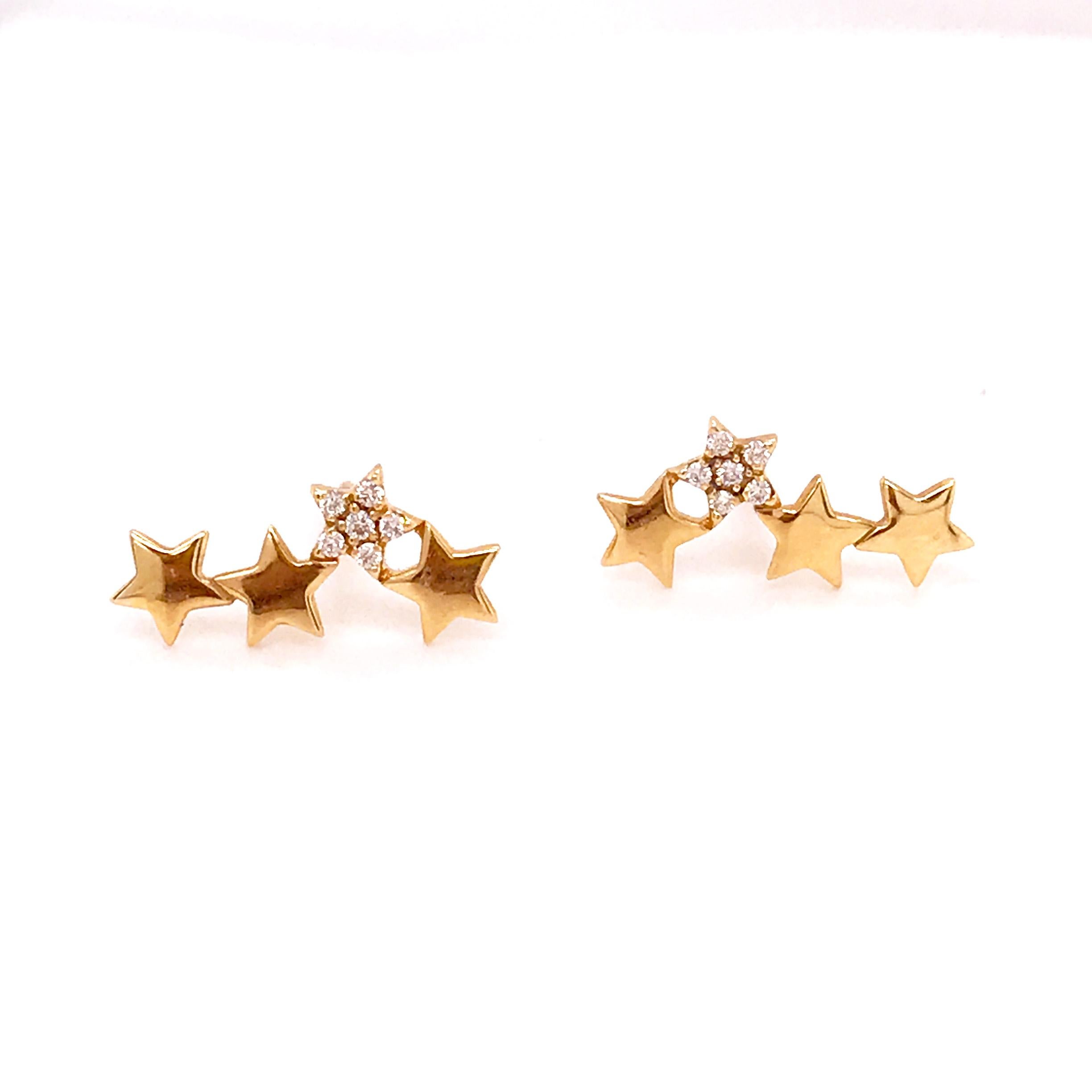 Round Cut 0.10 Carat Diamond Star Ear Climbers 14 Karat Gold, Diamond Star Earring Studs