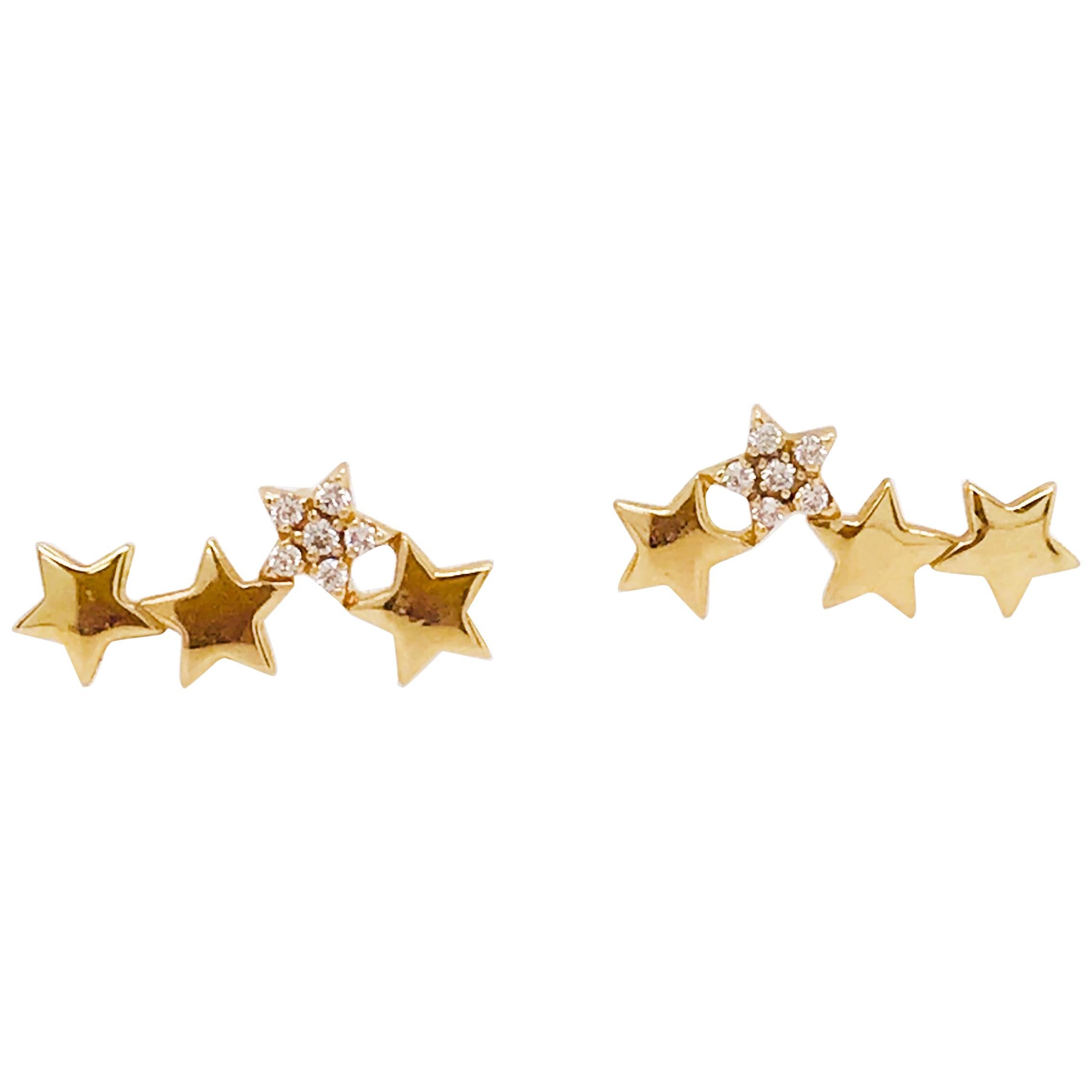 0.10 Ct. Diamond Star Ear Climbers 14K Yellow Gold, Diamond Star Earring Studs