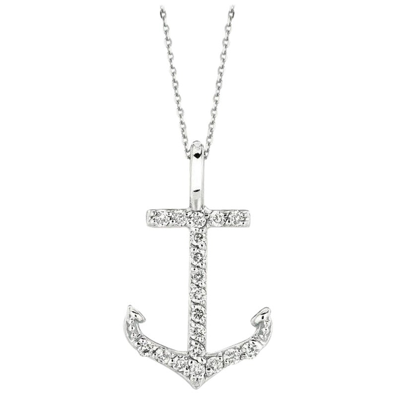 Collier pendentif ancre en or blanc 14 carats avec diamants naturels de 0,10 carat
