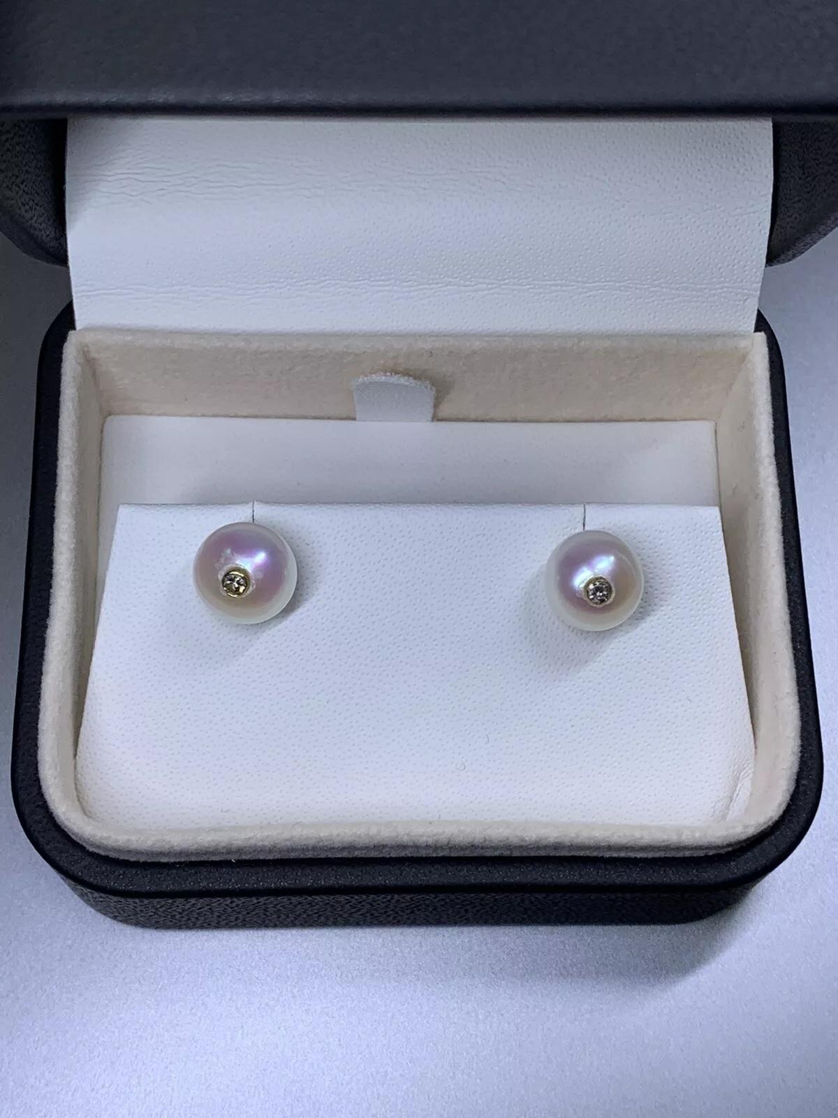 0.10ct Diamond large cultured pearl studs earrings 18ct yellow gold