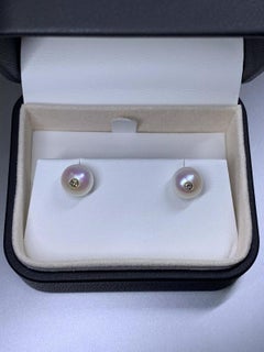 0.10ct Diamond large cultured pearl studs earrings 18ct yellow gold