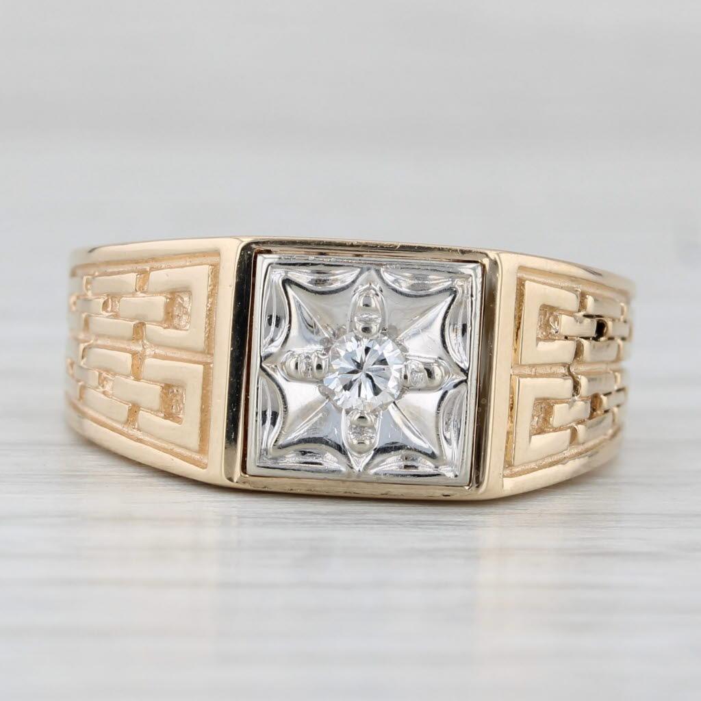 0.10ct Diamond Solitaire Ring 14k Gold Vintage Men's Chain Pattern In Good Condition In McLeansville, NC