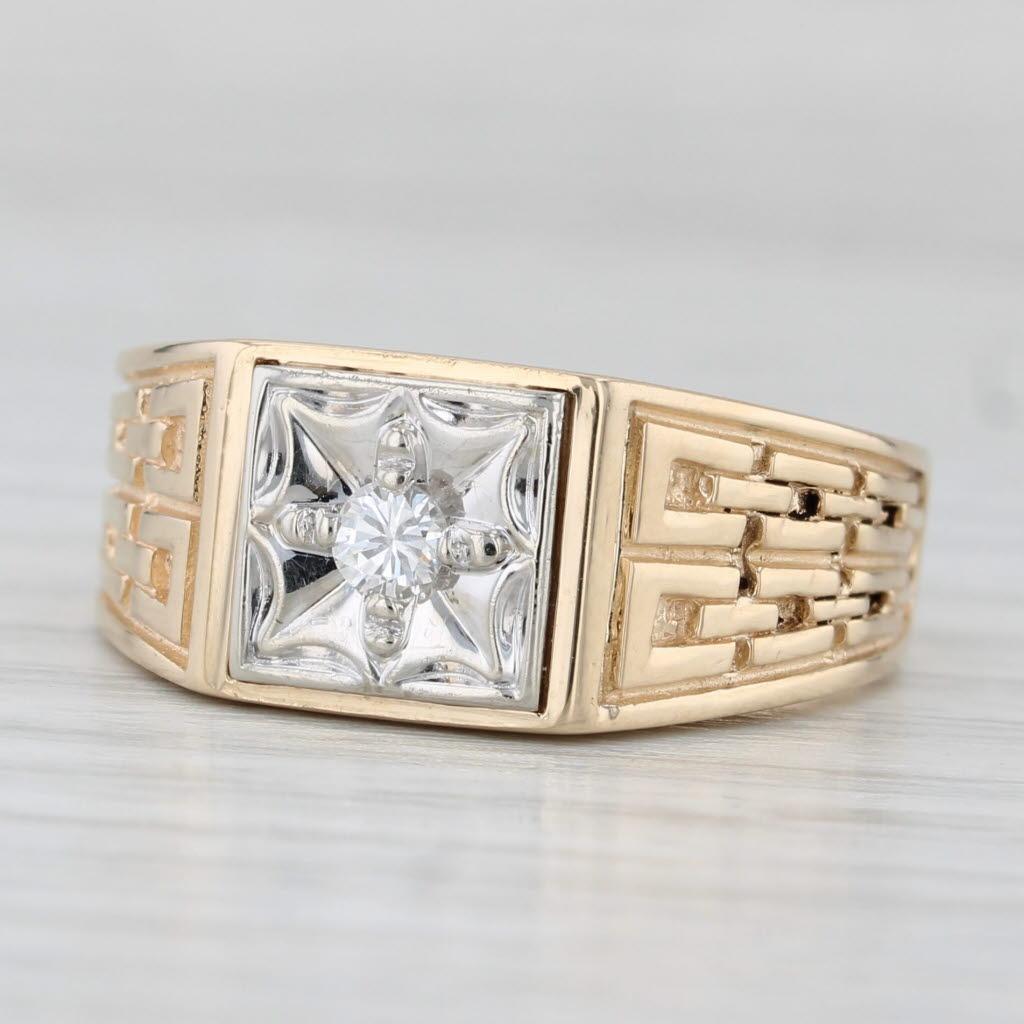 0.10ct Diamond Solitaire Ring 14k Gold Vintage Men's Chain Pattern 1