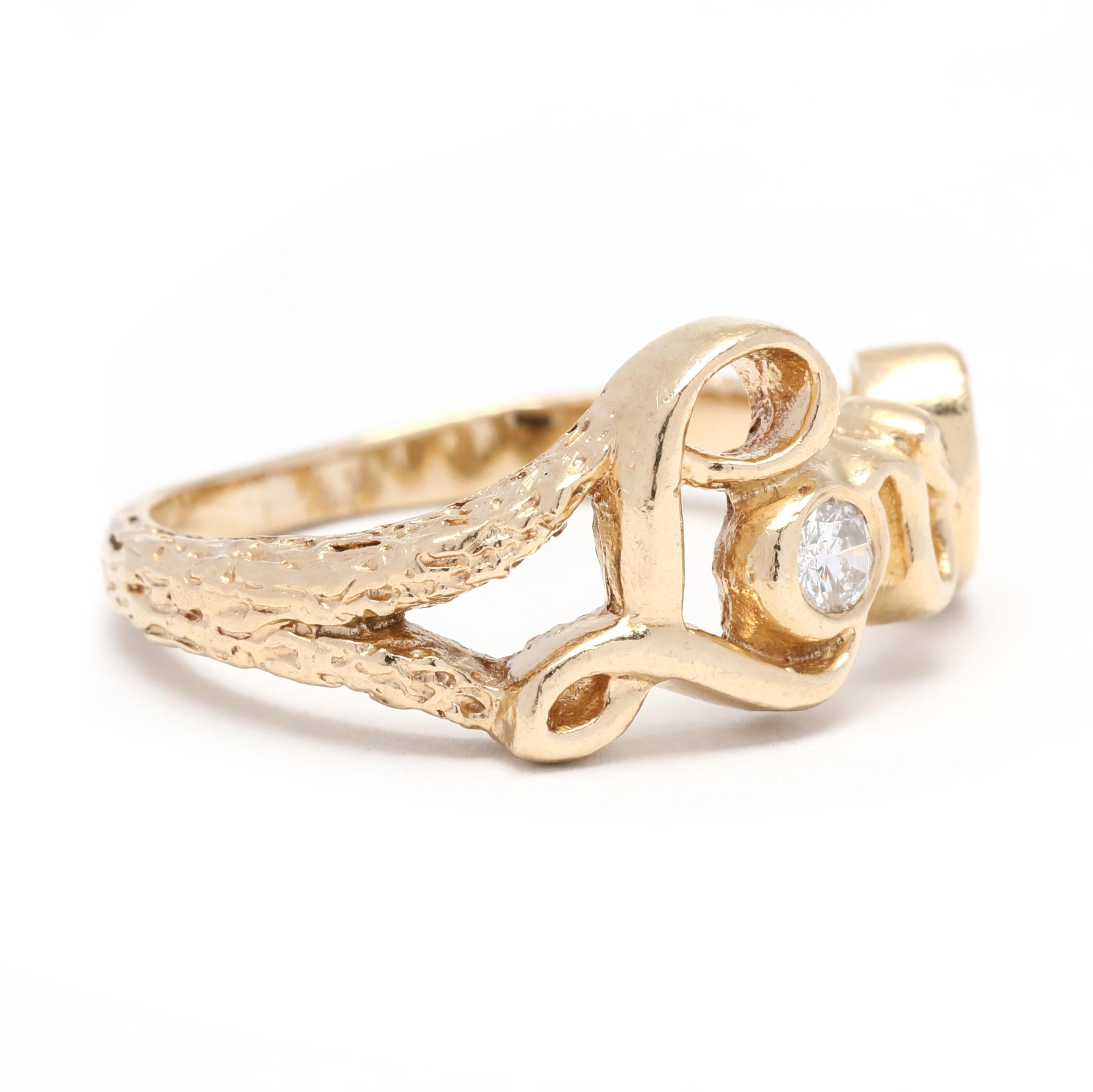 This beautiful 0.10ctw diamond love ring is perfect for the special someone in your life. Crafted from 14K yellow gold, this unique script ring features the word 